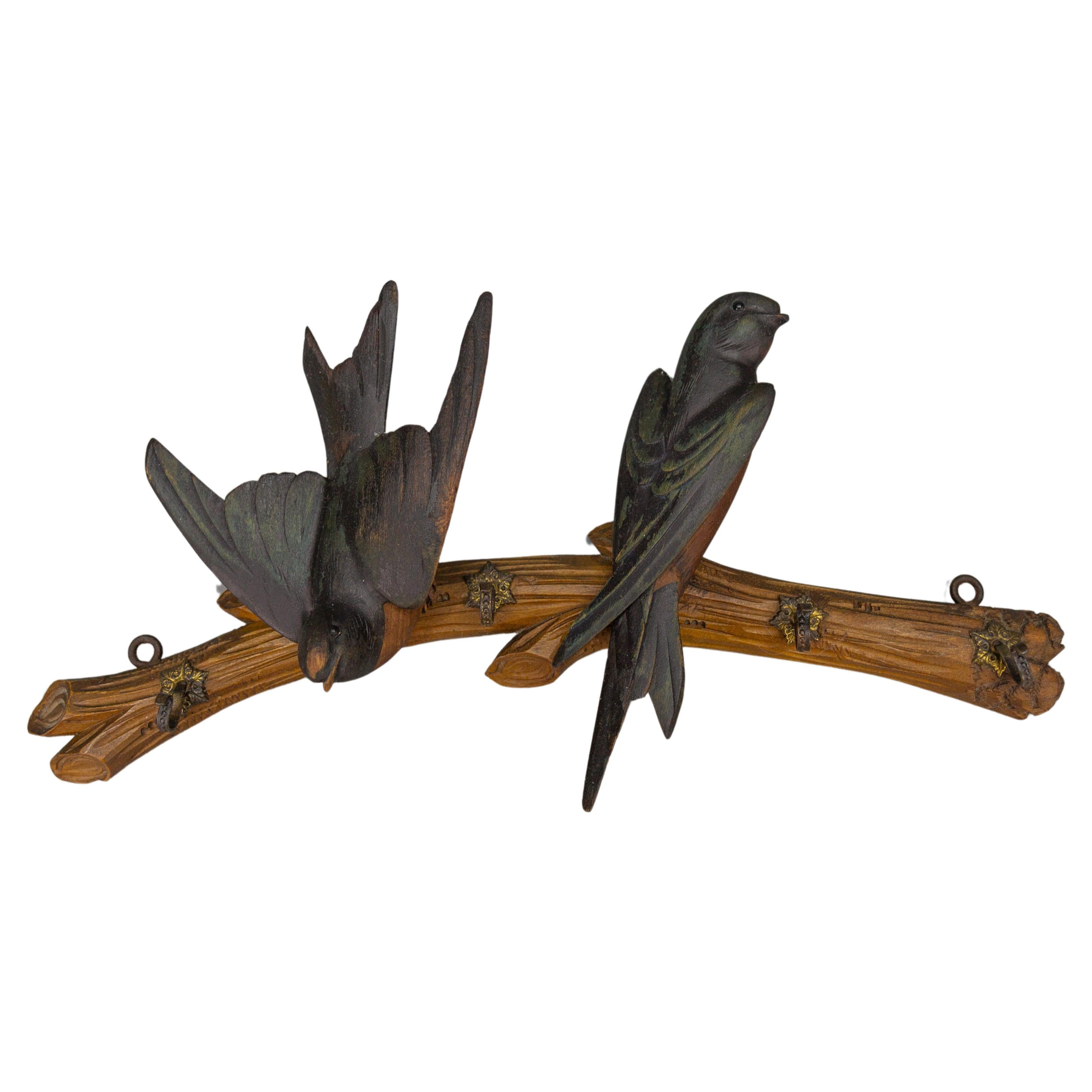 Antique German Black Forest Wood Carving Swallows Key Holder, Early 20th Century