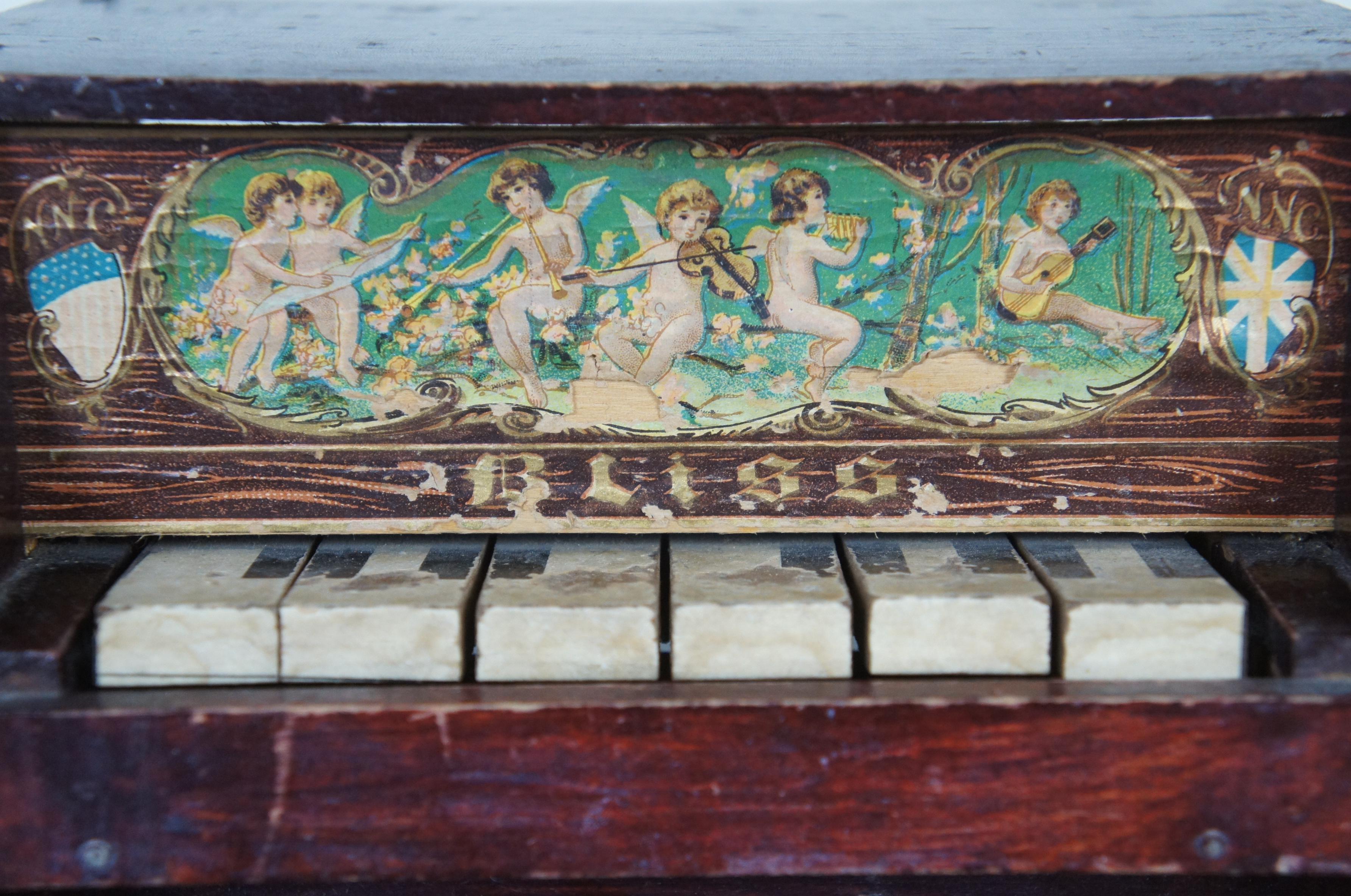 Antique German Bliss Miniature Upright Toy Piano Glockenspiel Lithograph Wood 2