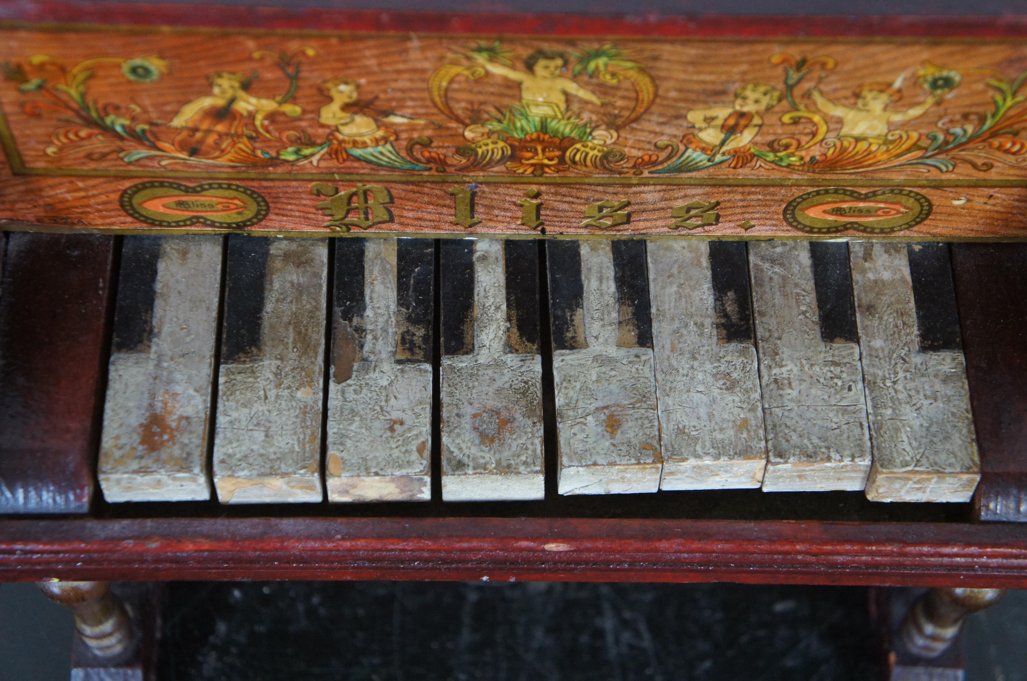 Antique German Bliss Miniature Upright Toy Piano Glockenspiel Lithograph Wood 2