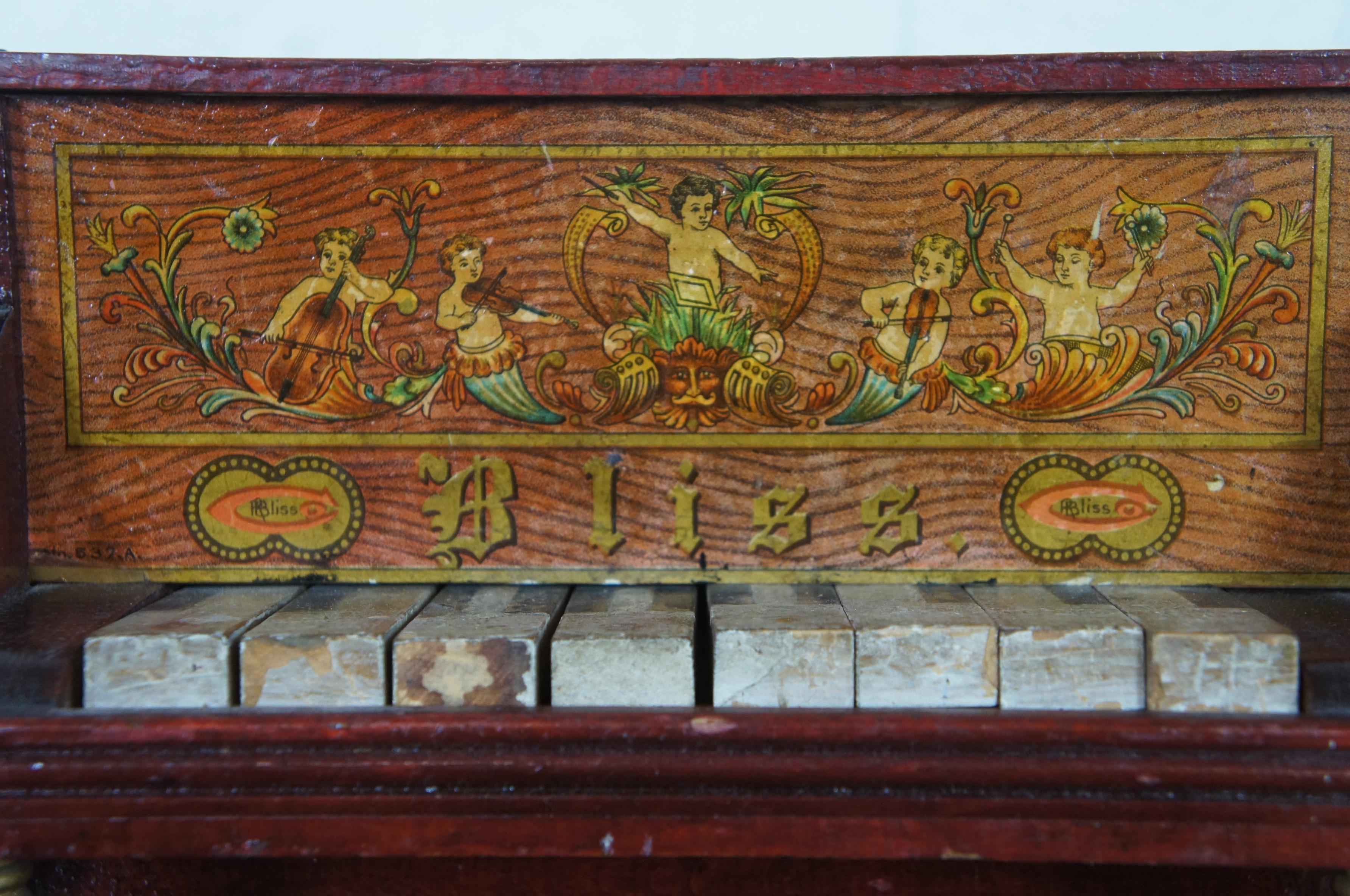 Metal Antique German Bliss Miniature Upright Toy Piano Glockenspiel Lithograph Wood