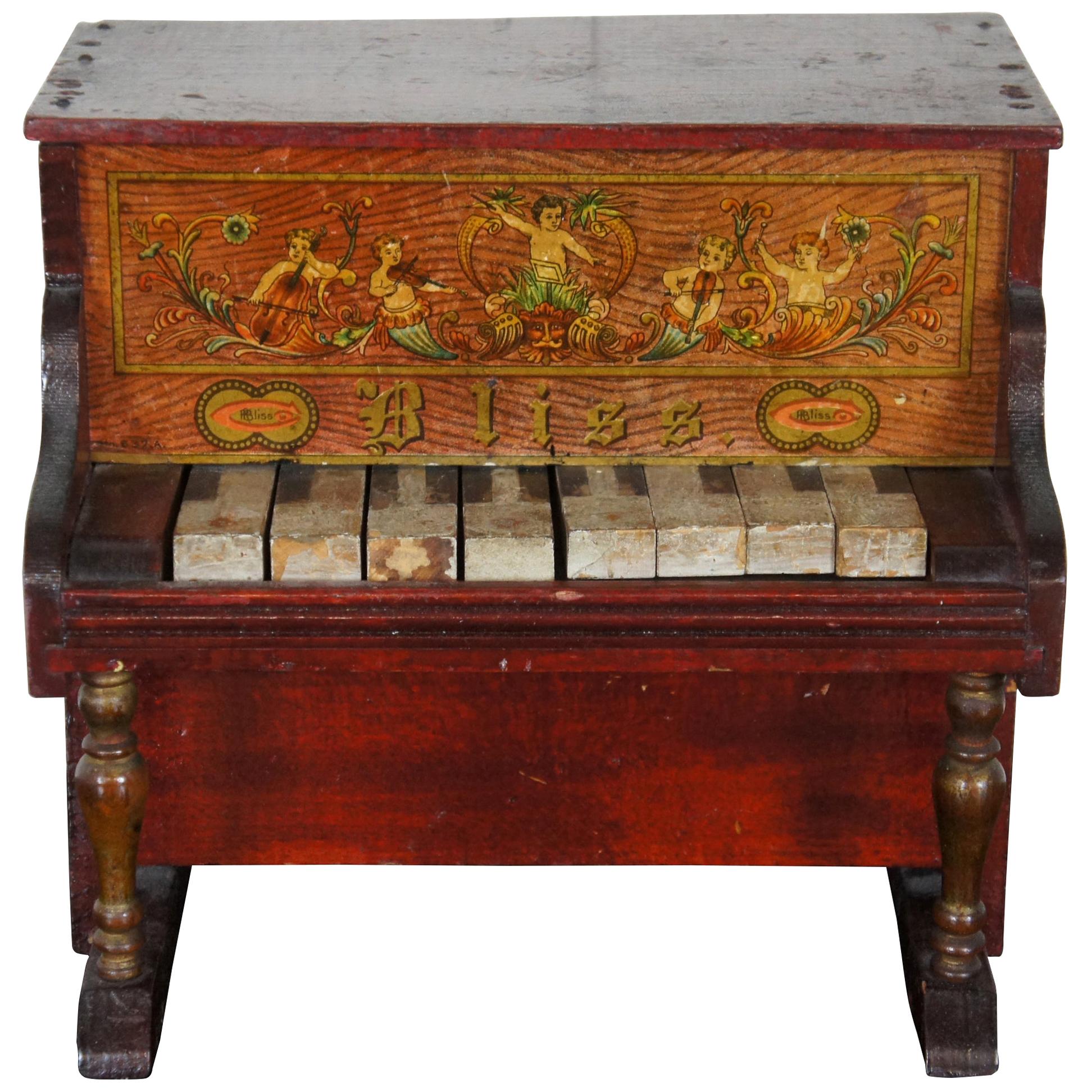 Antique German Bliss Miniature Upright Toy Piano Glockenspiel Lithograph Wood