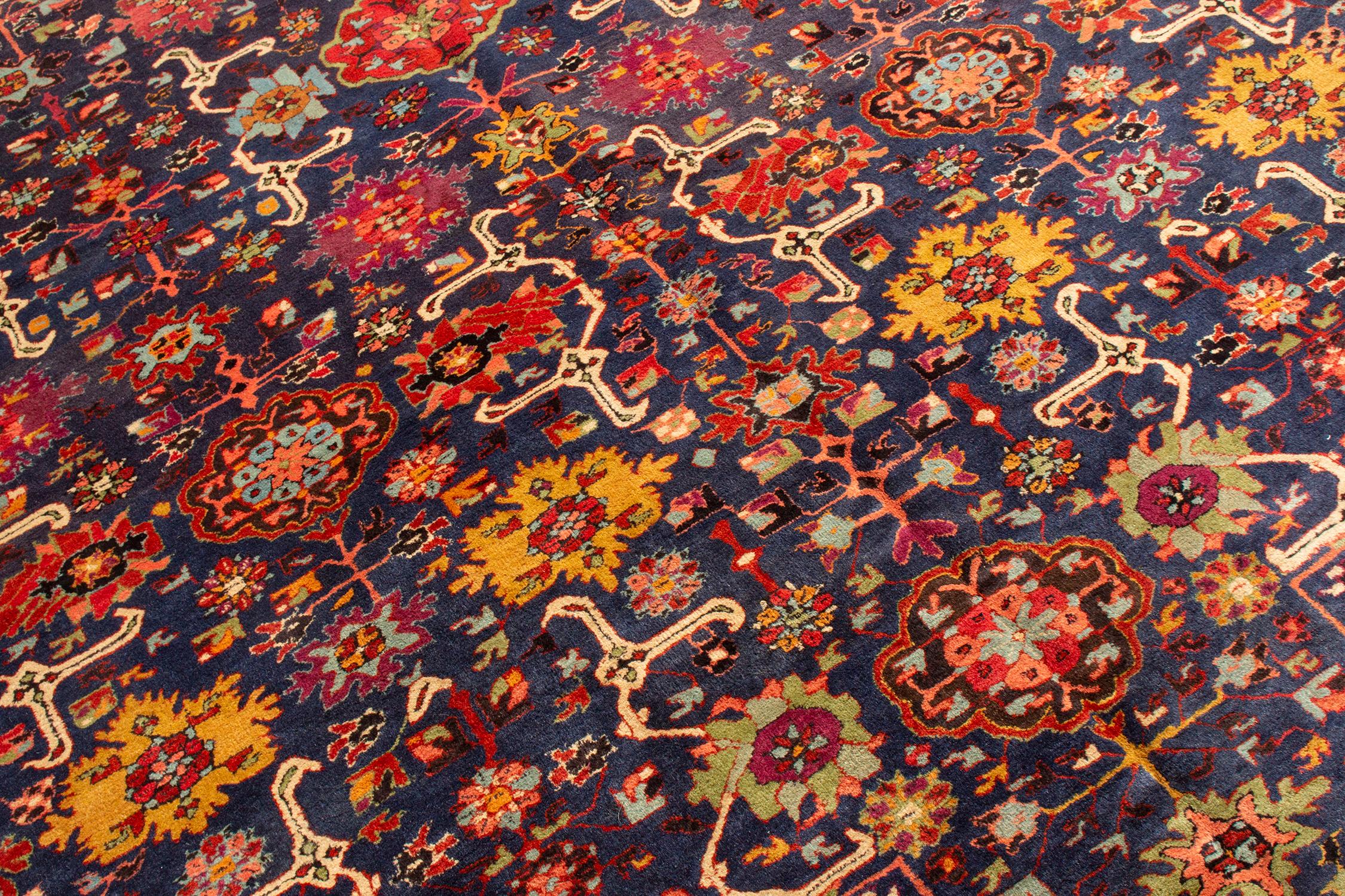 Mid-Century Modern Antique German Blue and Red Rug with Floral Patterns by Rug & Kilim For Sale