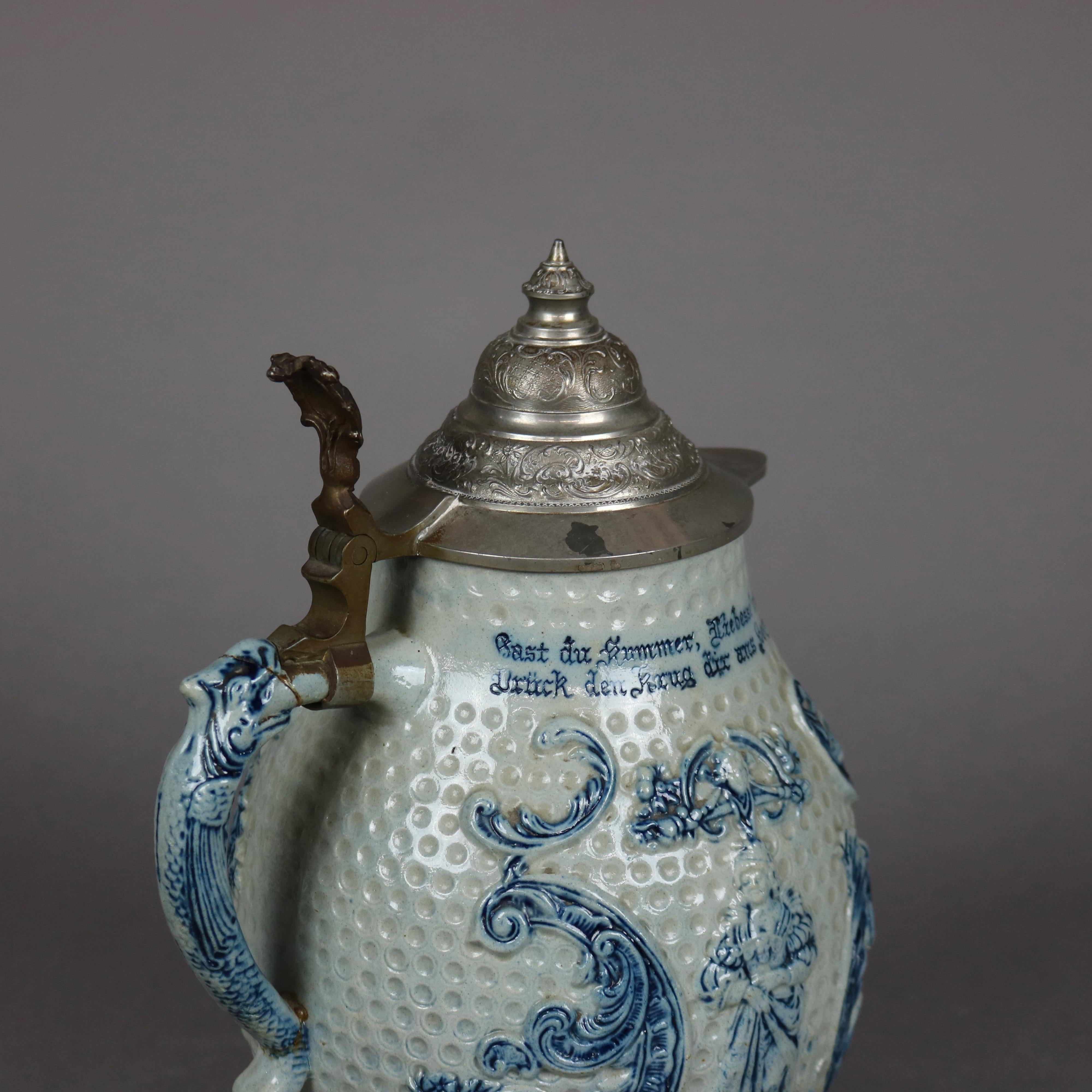 20th Century Antique German Blue Decorated Pottery Stoneware Musical Stein, Circa 1900