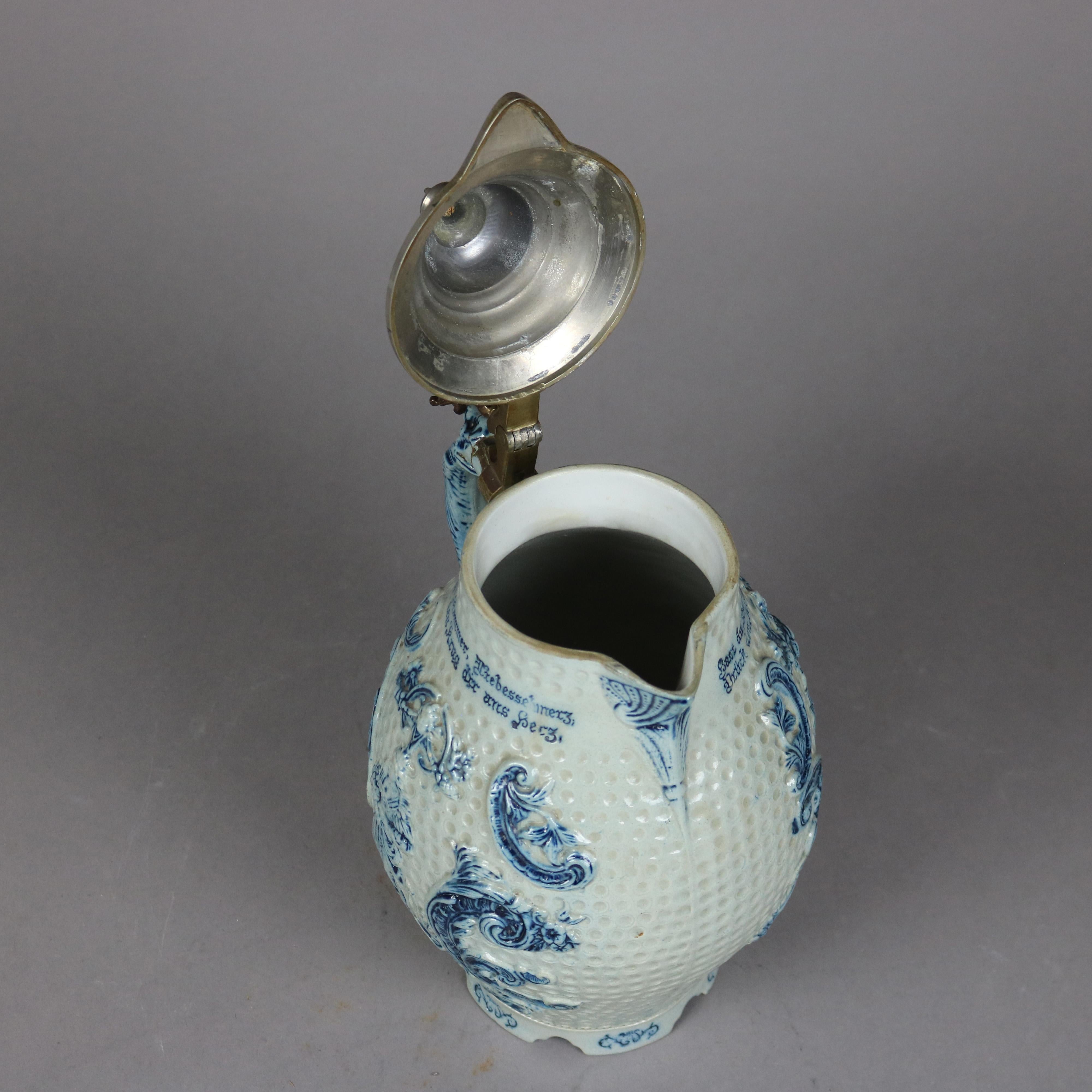 Antique German Blue Decorated Pottery Stoneware Musical Stein, Circa 1900 1