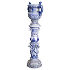 Vintage German Blue and White Stoneware Figural Satyr Jardinière and Pedestal