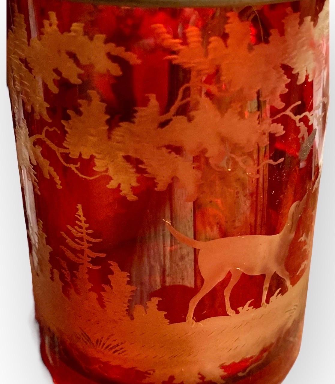 Antique German Bohemian Etched Red Flash Glass Beer Stein - German Ruby Krug  For Sale 2