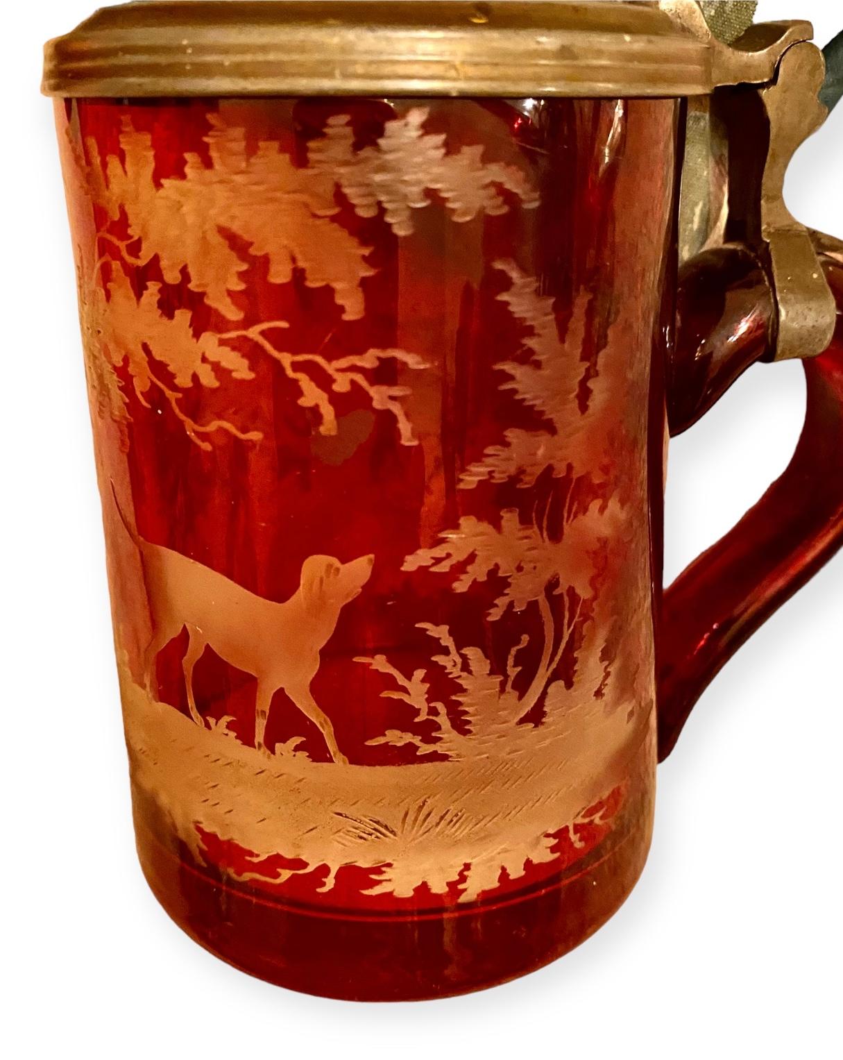 Antique German Bohemian Etched Red Flash Glass Beer Stein - German Ruby Krug  For Sale 4