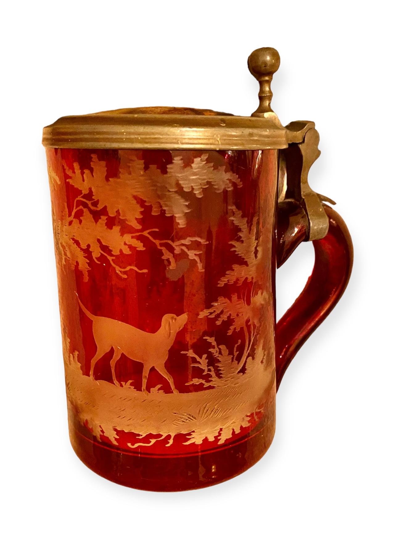 Antique German Bohemian Etched Red Flash Glass Beer Stein - German Ruby Krug  For Sale 5