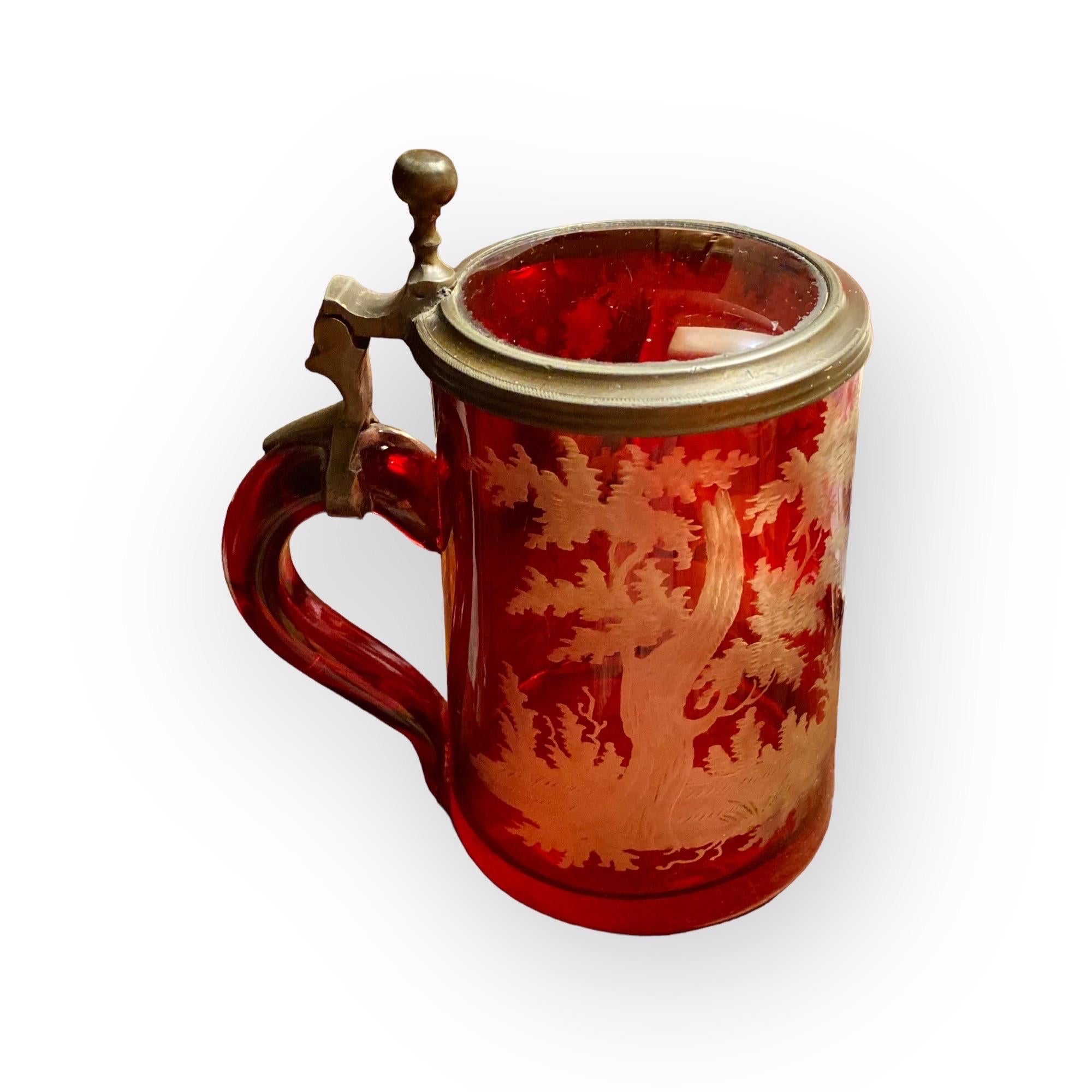 Grand Tour Antique German Bohemian Etched Red Flash Glass Beer Stein - German Ruby Krug  For Sale