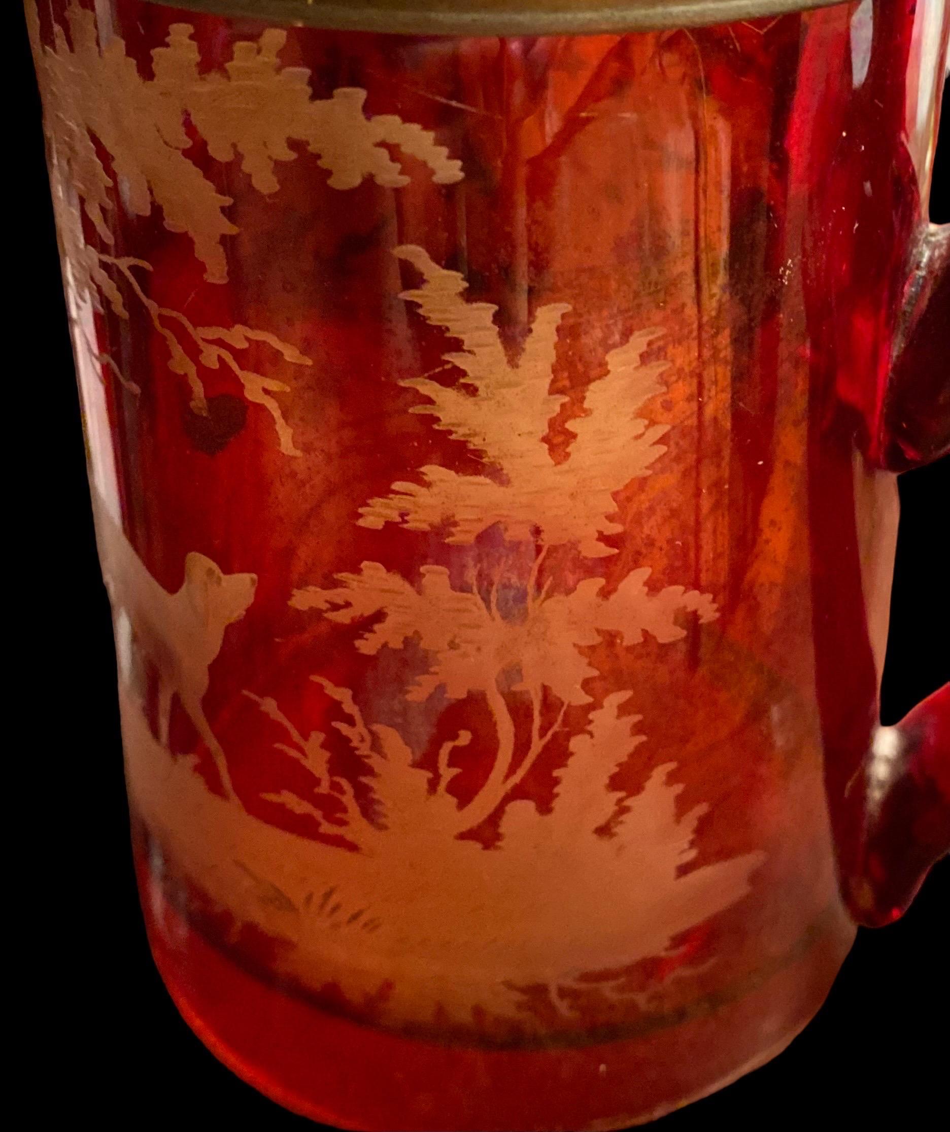 Mid-19th Century Antique German Bohemian Etched Red Flash Glass Beer Stein - German Ruby Krug  For Sale