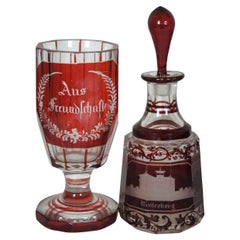 Antique German Bohemian Ruby Glass Goblet & Decanter Winterberg Kuhstall