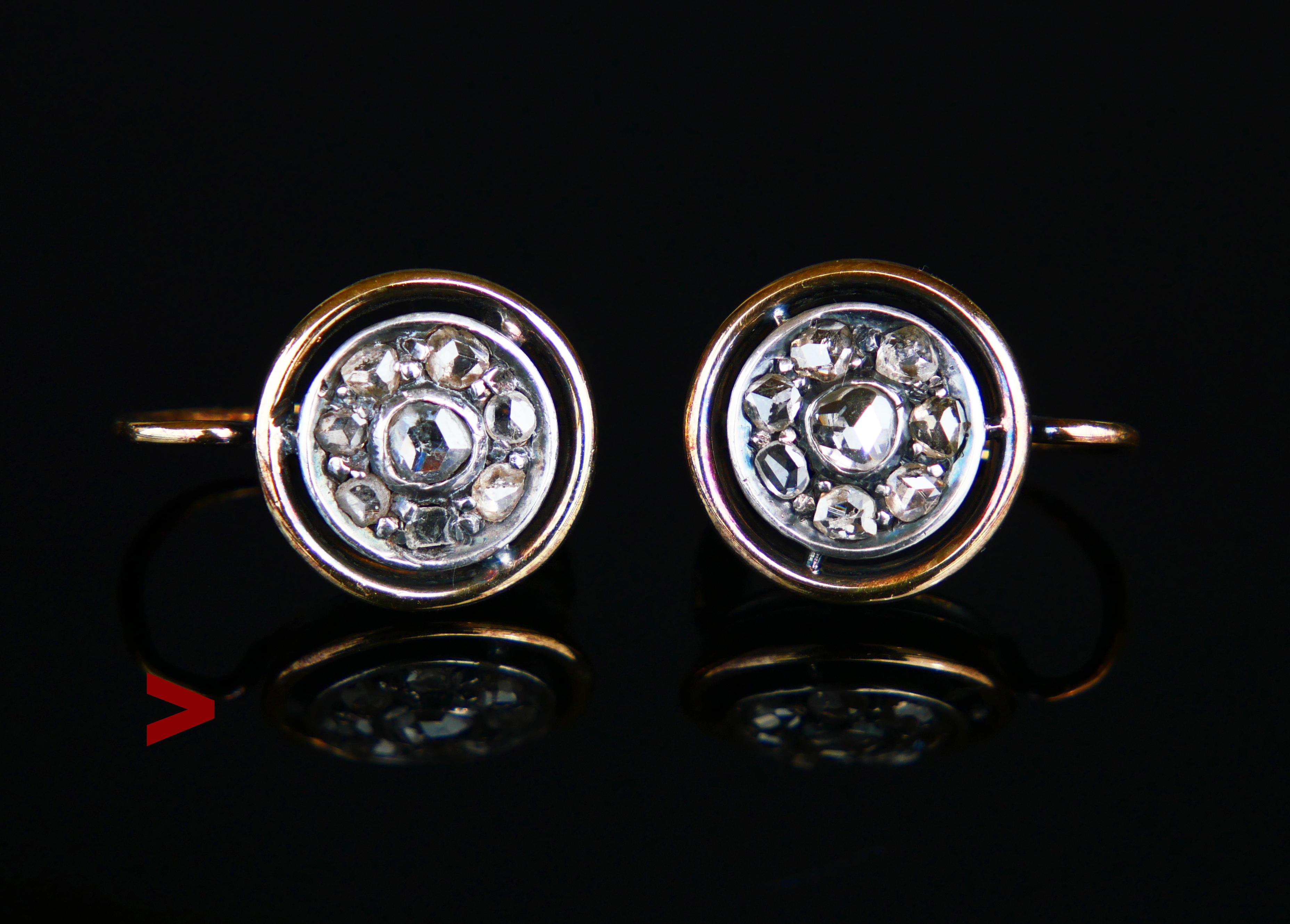 A pair of old German Diamond Earrings with folding hooks from ca 1920s - 1930s in an original Black, Red, and White period box.

No hallmarks, apparently custom-ordered. Metal tested above 14K, about 16K Solid Gold. Each earring is 17 mm long