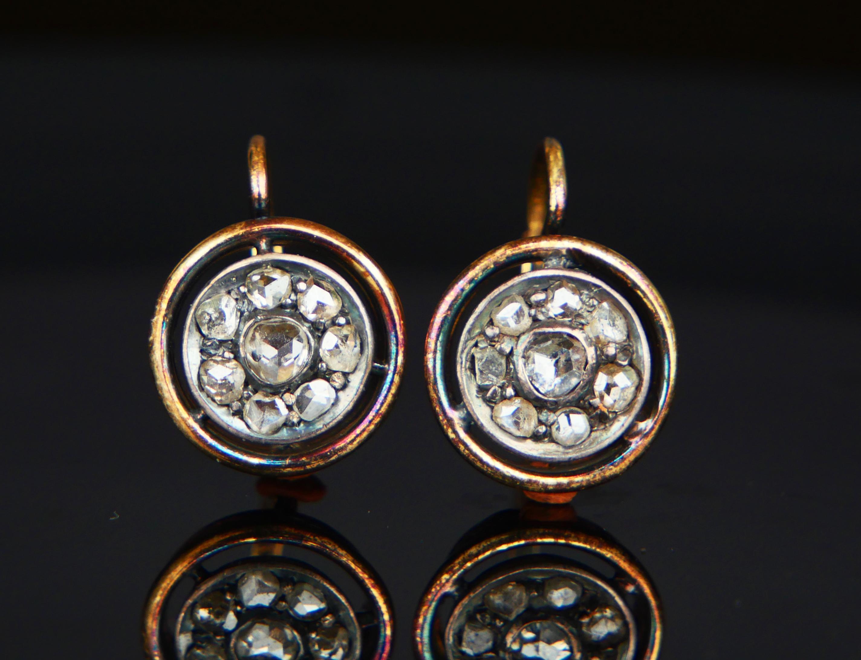 Rose Cut Antique German boxed Earrings 0.9ctw Diamonds solid 16K Gold Silver / 5.12gr For Sale