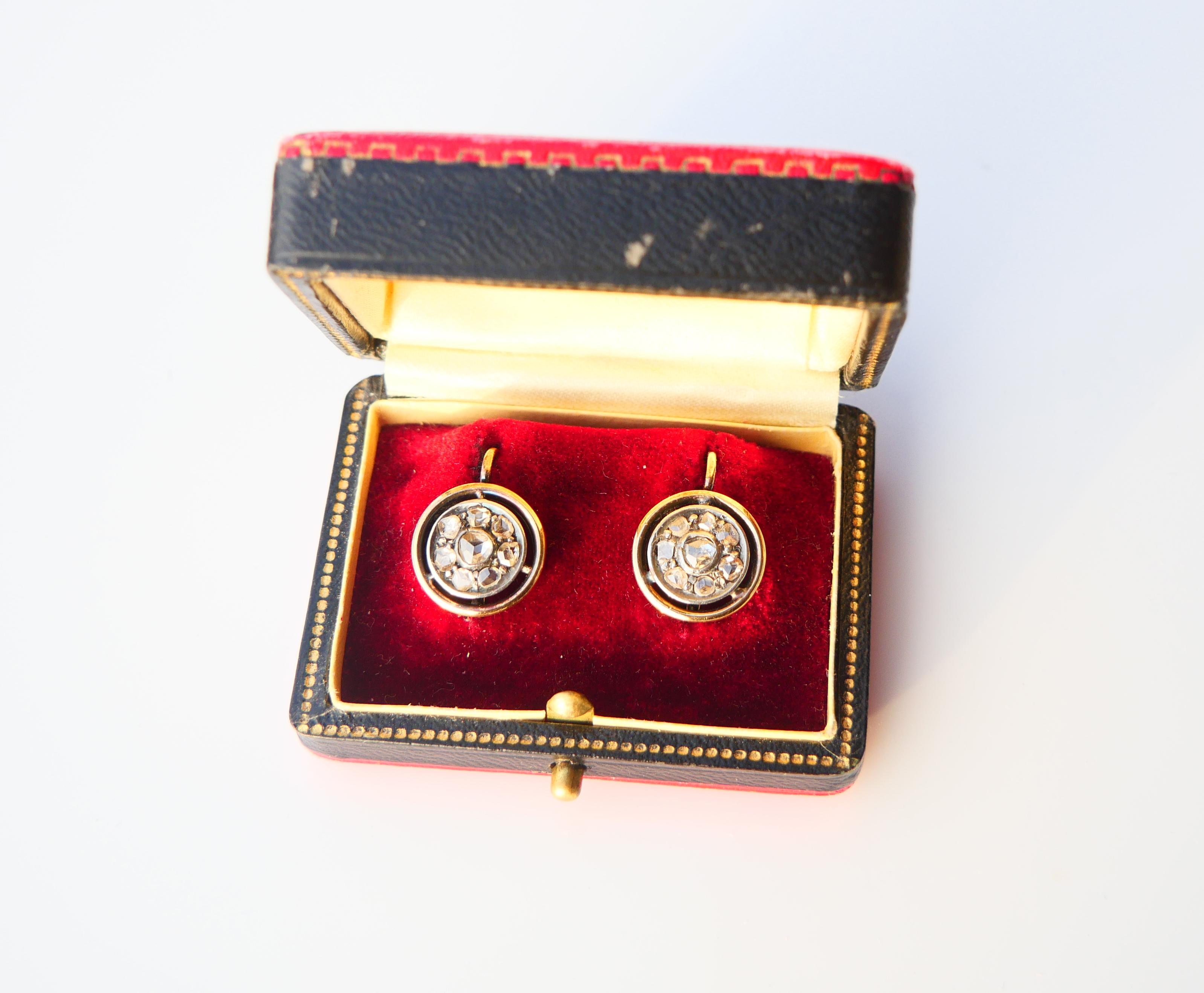 Women's Antique German boxed Earrings 0.9ctw Diamonds solid 16K Gold Silver / 5.12gr For Sale