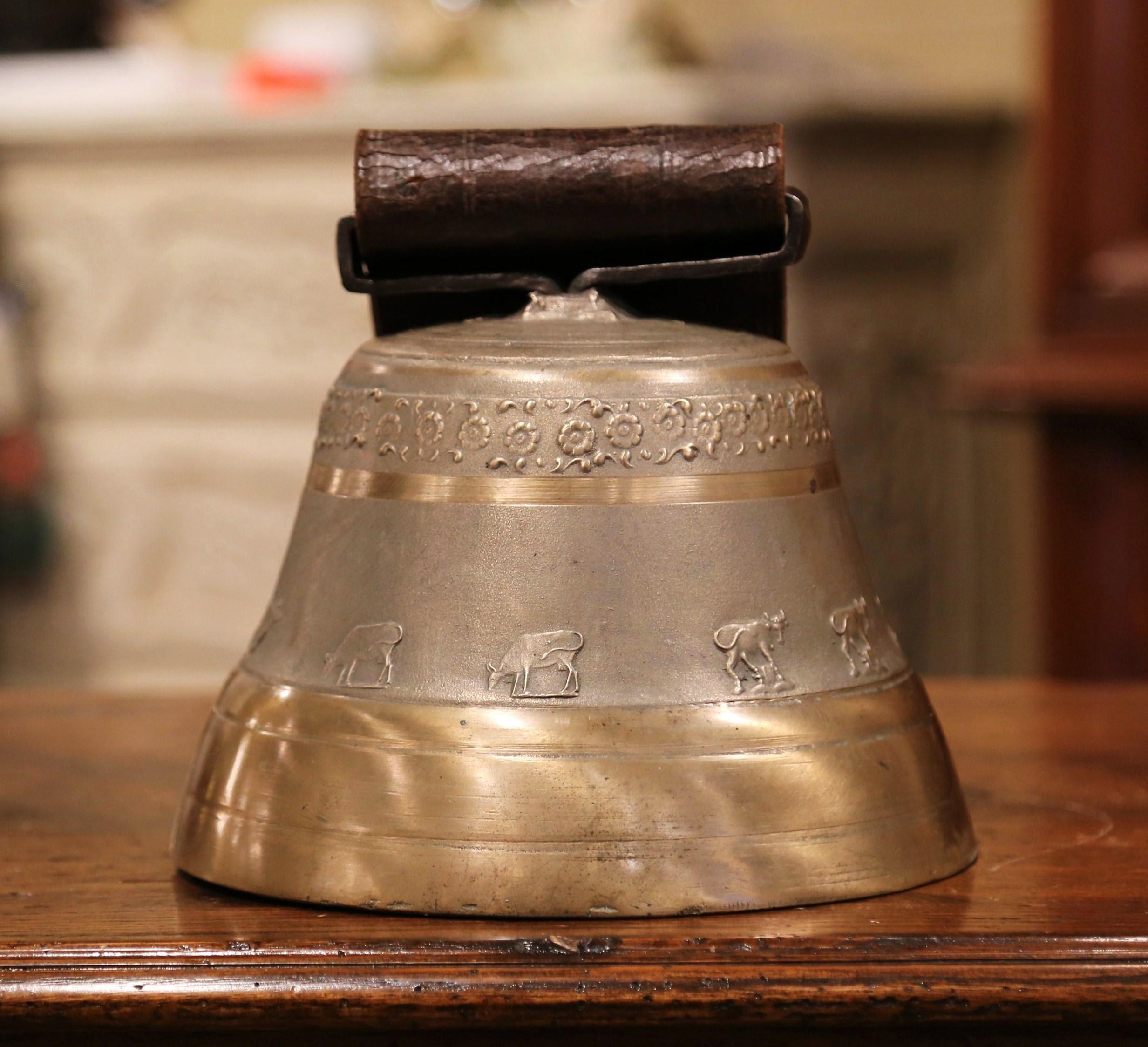 Antique German Bronze Cow Bell with Original Leather Strap and Buckle Dated 1924 1