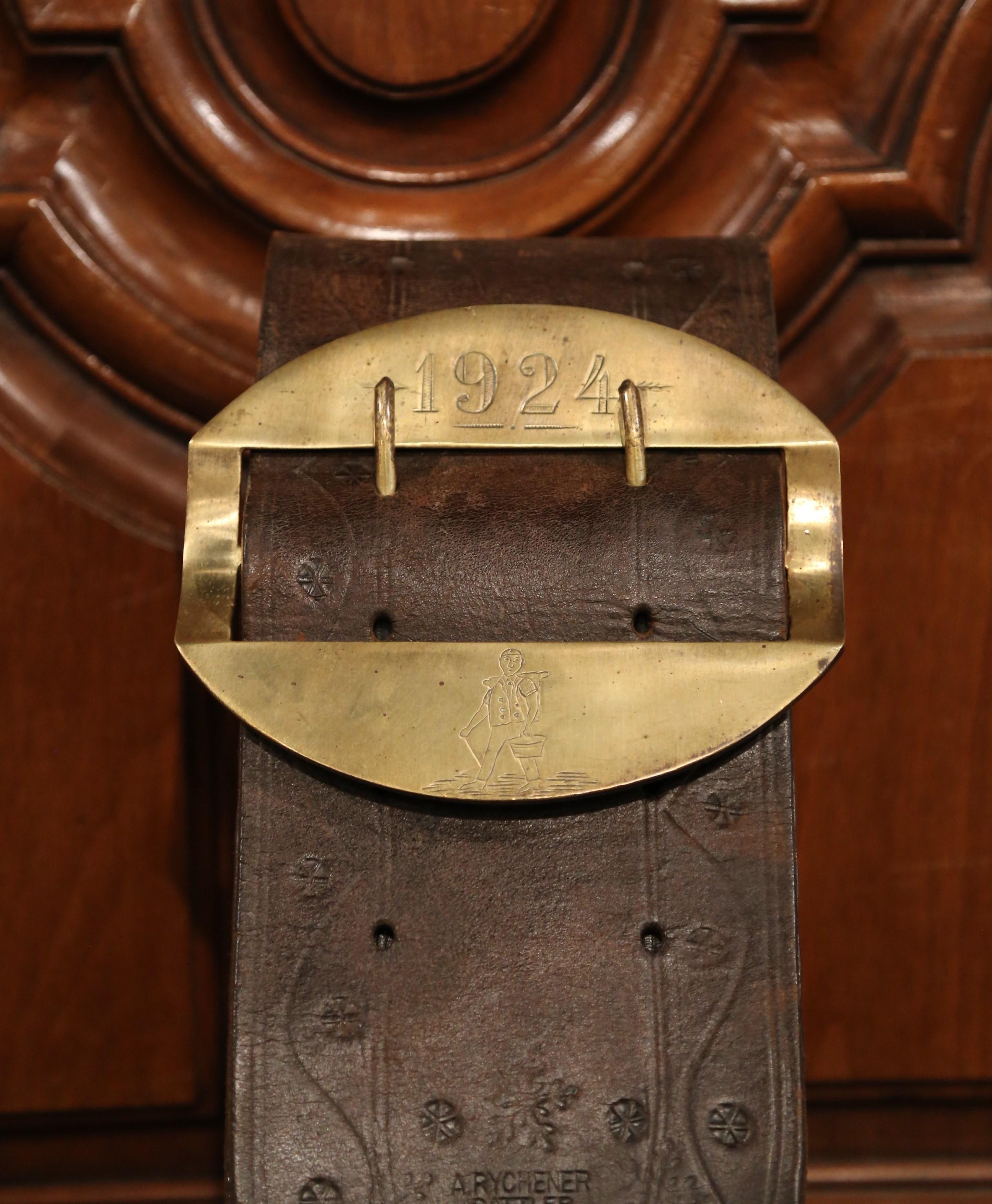 Country Antique German Bronze Cow Bell with Original Leather Strap and Buckle Dated 1924