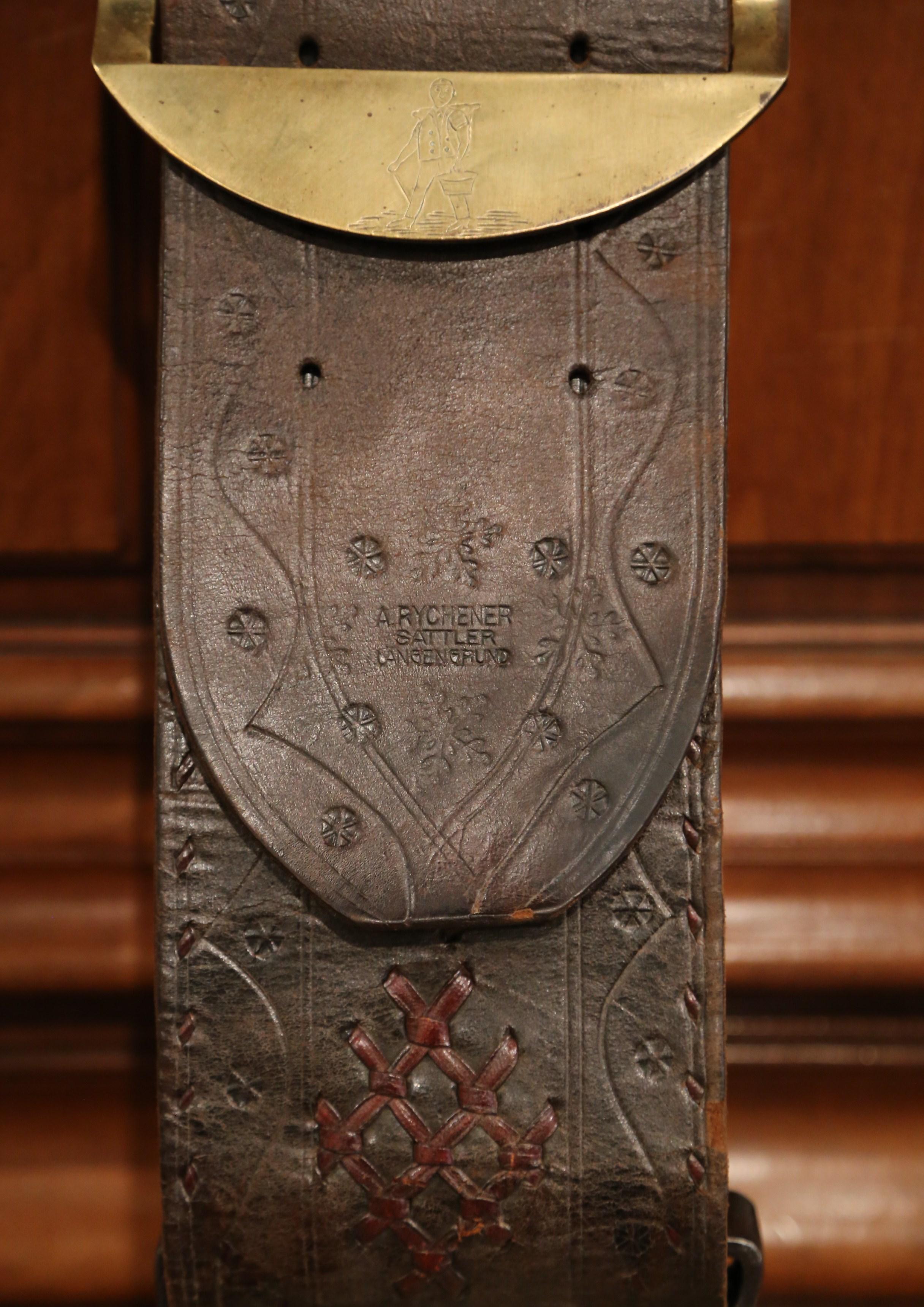 Hand-Carved Antique German Bronze Cow Bell with Original Leather Strap and Buckle Dated 1924