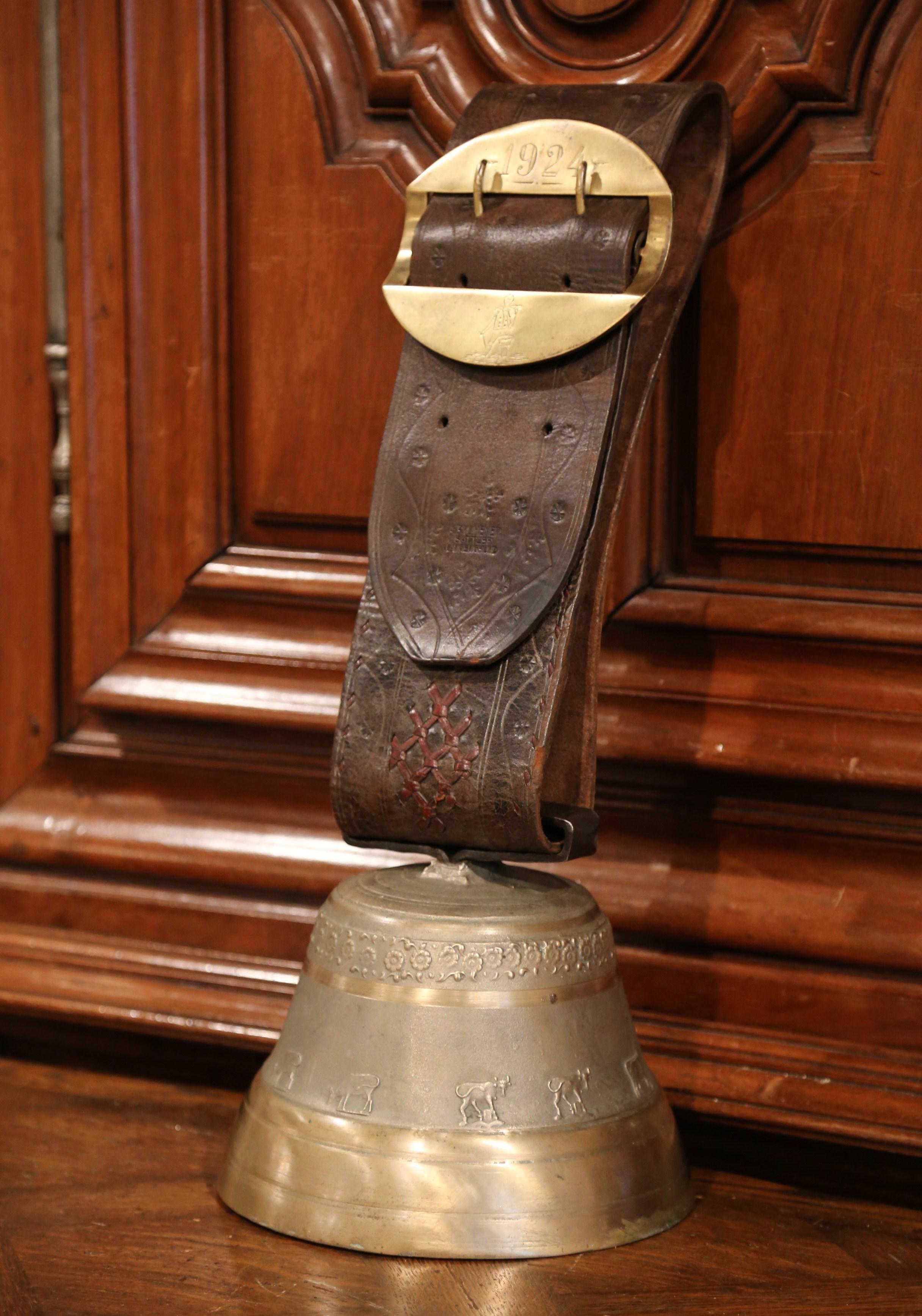 Antique German Bronze Cow Bell with Original Leather Strap and Buckle Dated 1924 In Excellent Condition In Dallas, TX