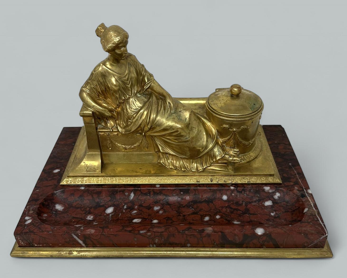 Antique German Bronze Desk Set Inkstand Rosso Antico Marble Ormolu Burgstaller For Sale 3