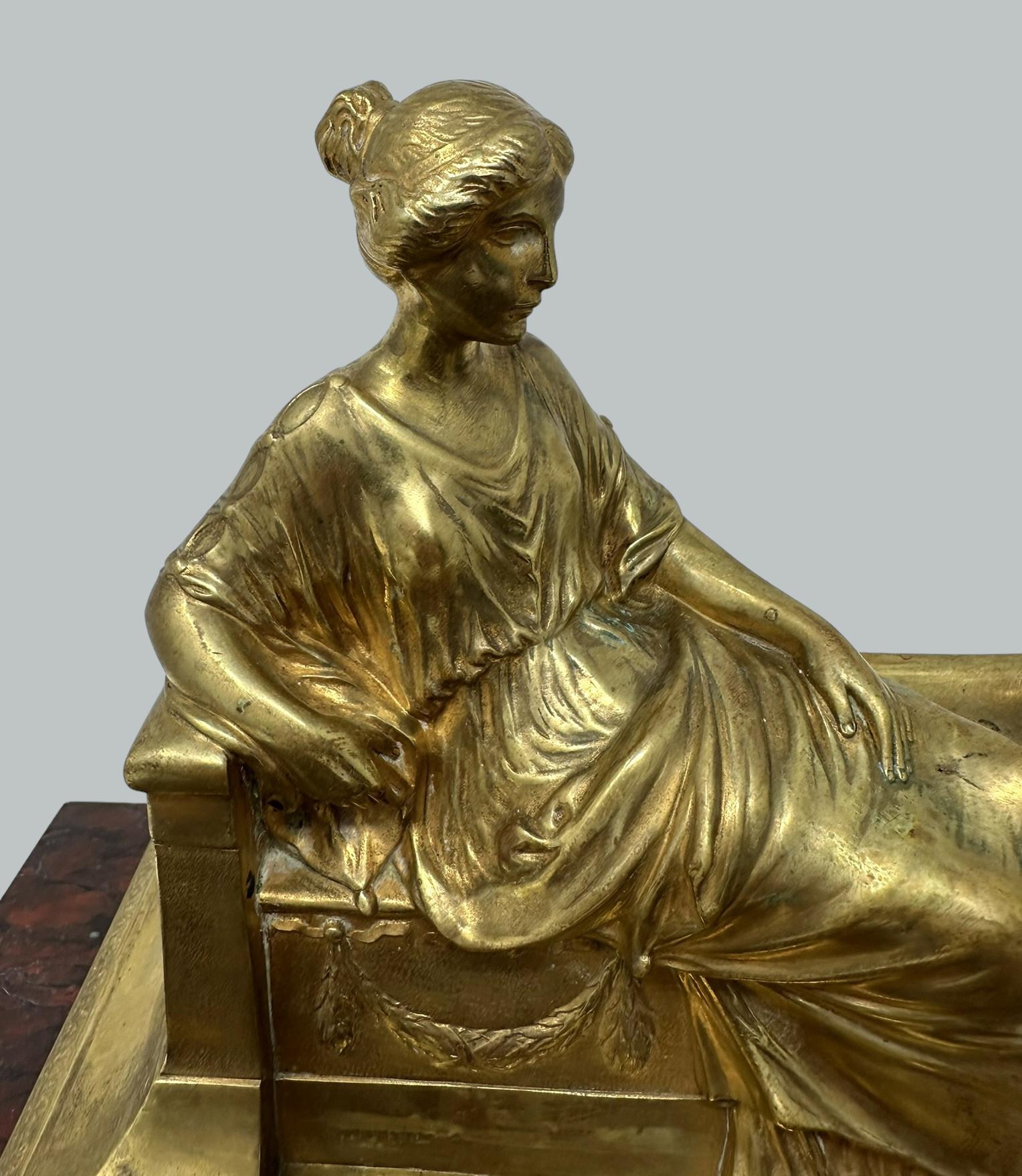 French Antique German Bronze Desk Set Inkstand Rosso Antico Marble Ormolu Burgstaller For Sale