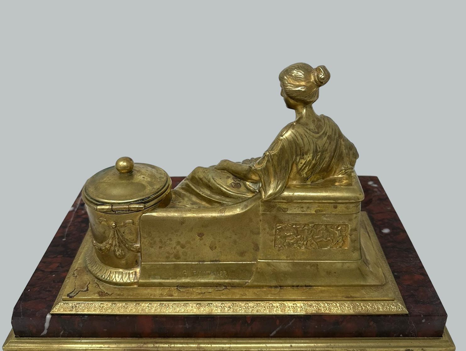19th Century Antique German Bronze Desk Set Inkstand Rosso Antico Marble Ormolu Burgstaller For Sale