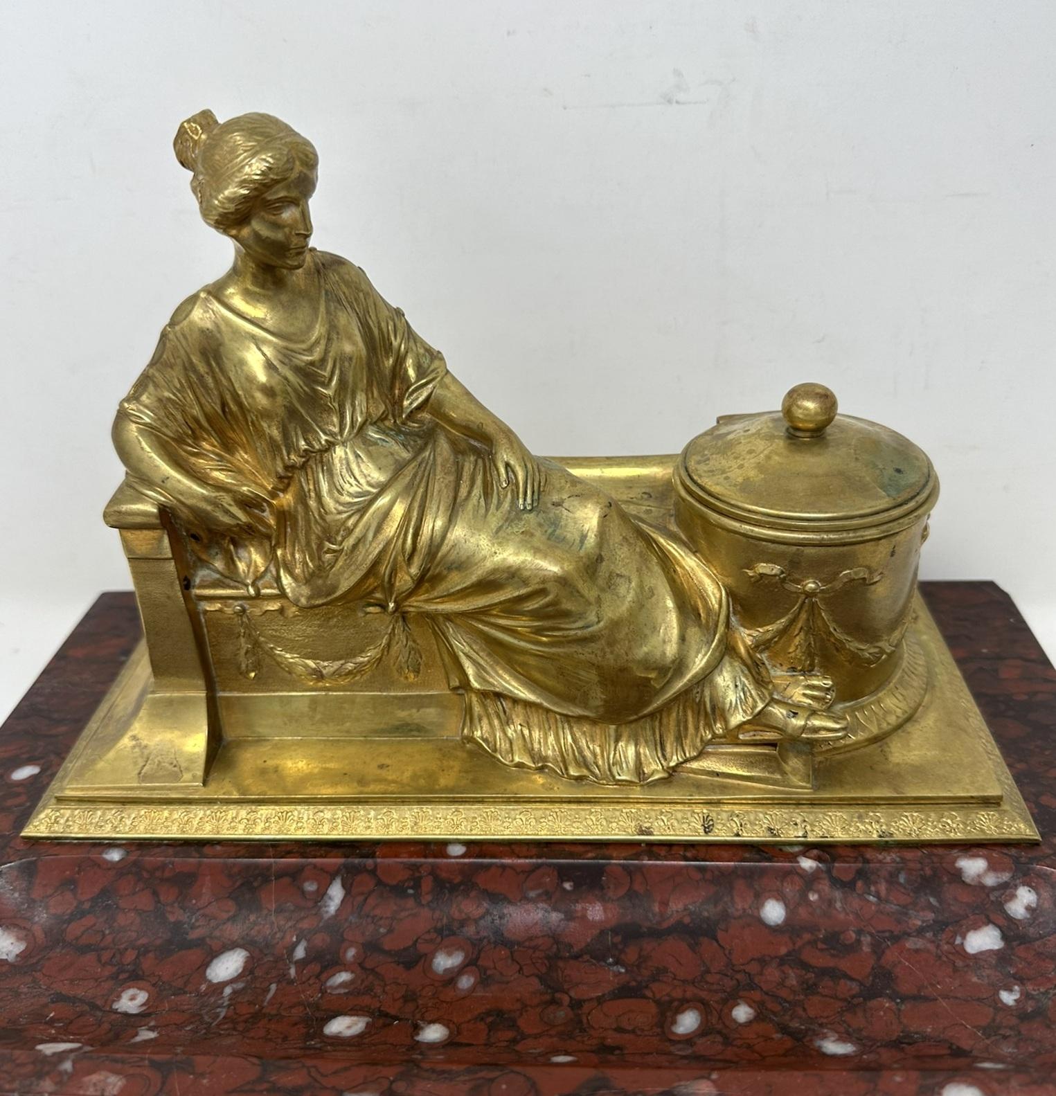 Antique German Bronze Desk Set Inkstand Rosso Antico Marble Ormolu Burgstaller For Sale 2