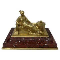 Antique German Bronze Desk Set Inkstand Rosso Antico Marble Ormolu Burgstaller