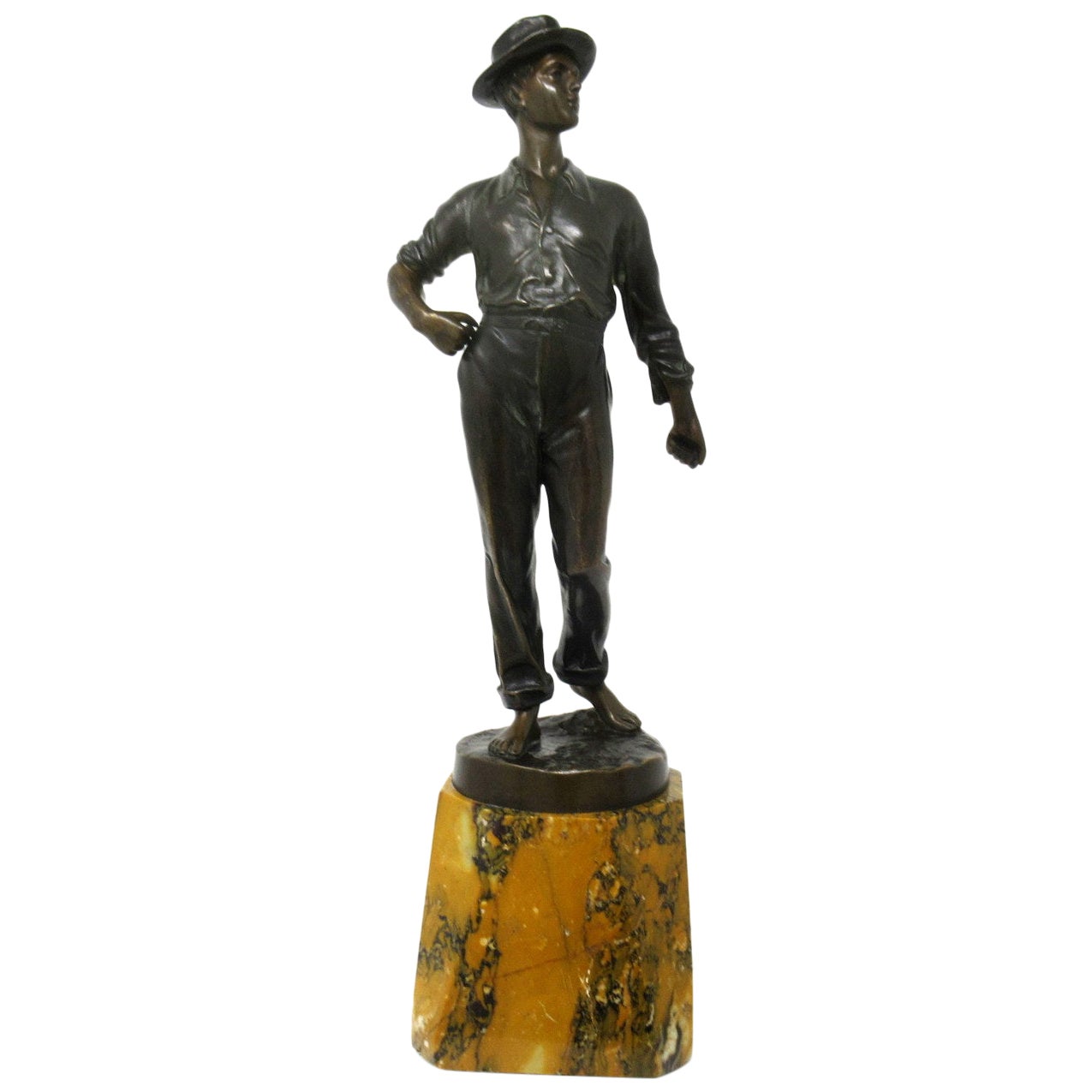 Antico bronzo tedesco Figura di ragazzo in marmo di Siena Constantin Holand Art Deco