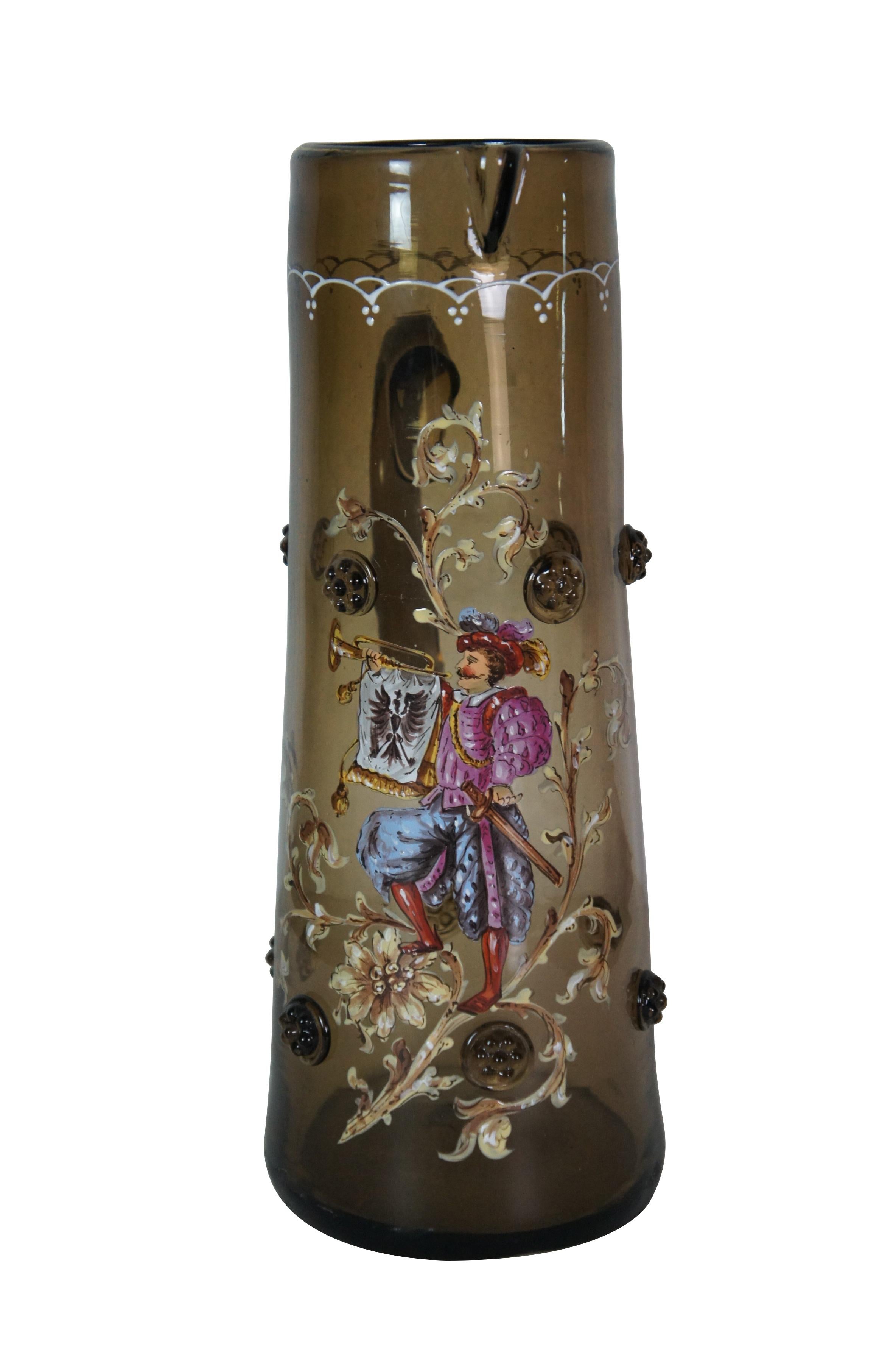Antigua jarra de agua heráldica alemana de vidrio marrón esmaltado Hobnail 13 Bohemio