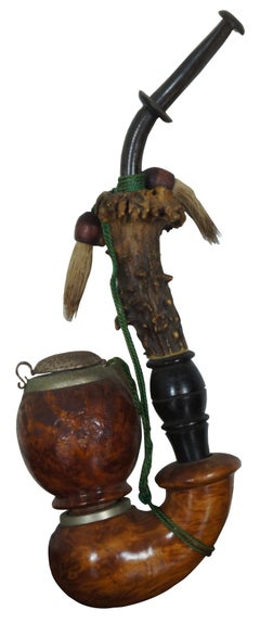 Antique German Buck Horn Antler & Burl Wood German Black Foreset Hunters Pipe
