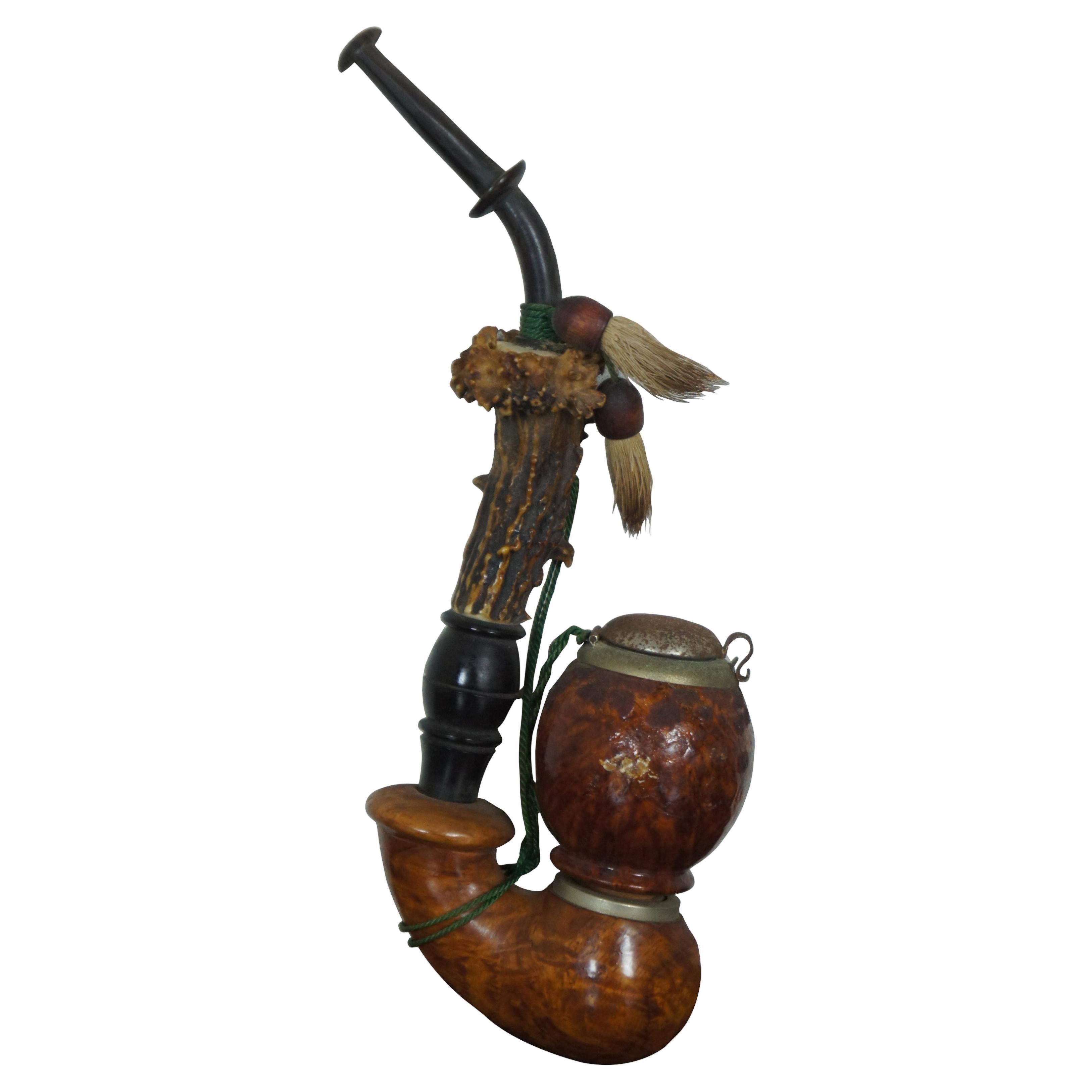 Antique German Buck Horn Antler & Burl Wood German Black Foreset Hunters Pipe