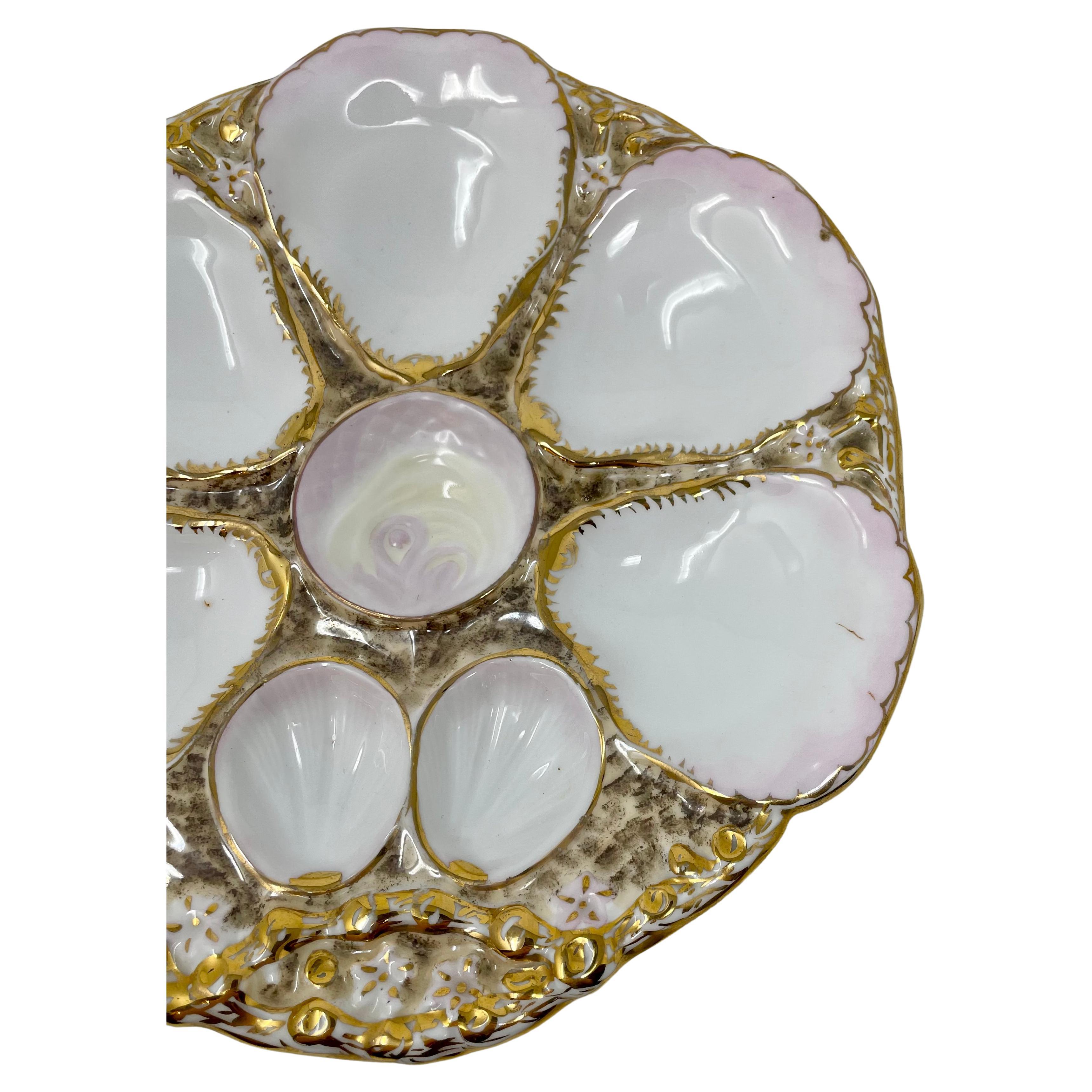 Antique German porcelain pink and gold oyster plate, signed 