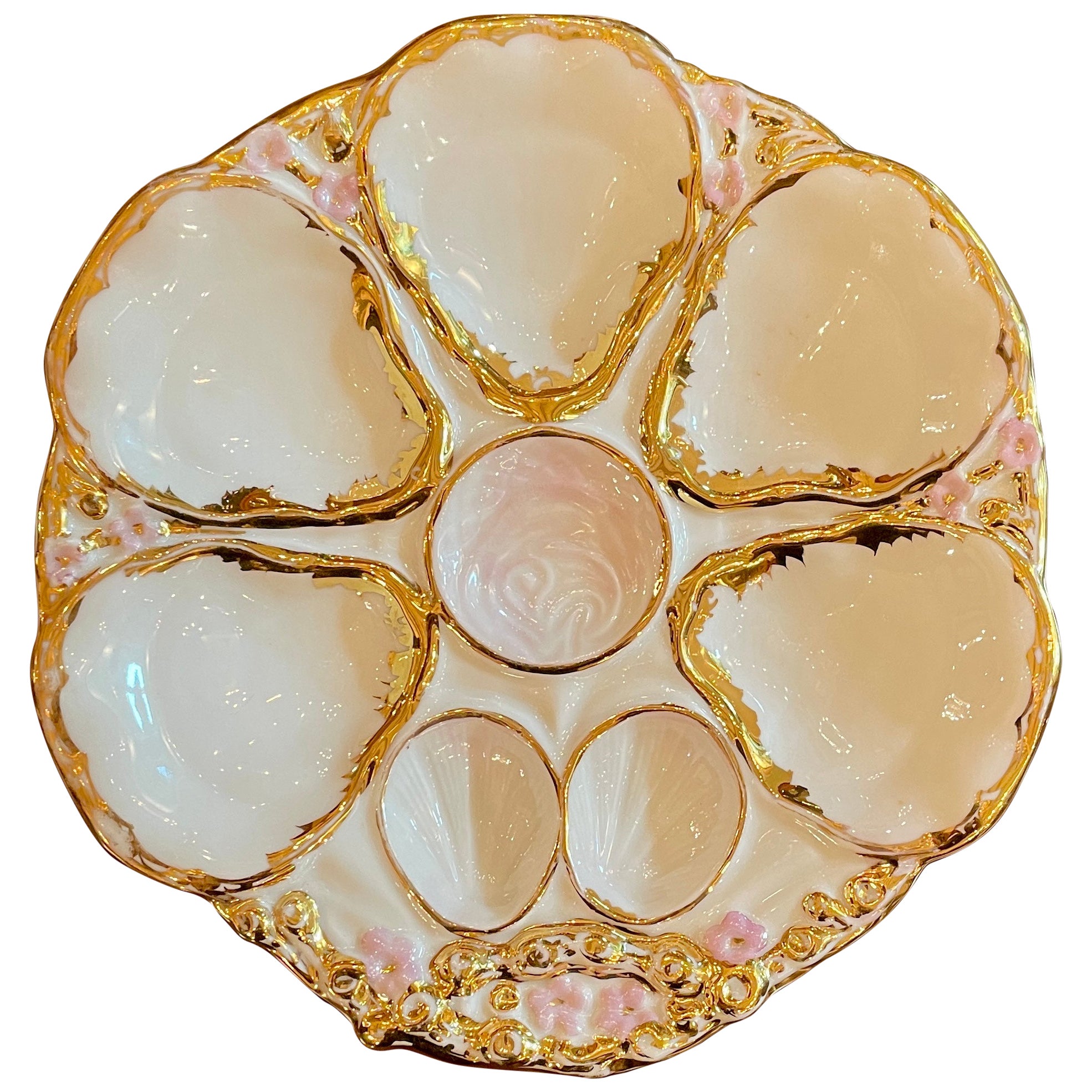 Antique German Carl Tielsch Co. Porcelain Pink & Gold Oyster Plate, Circa 1880.