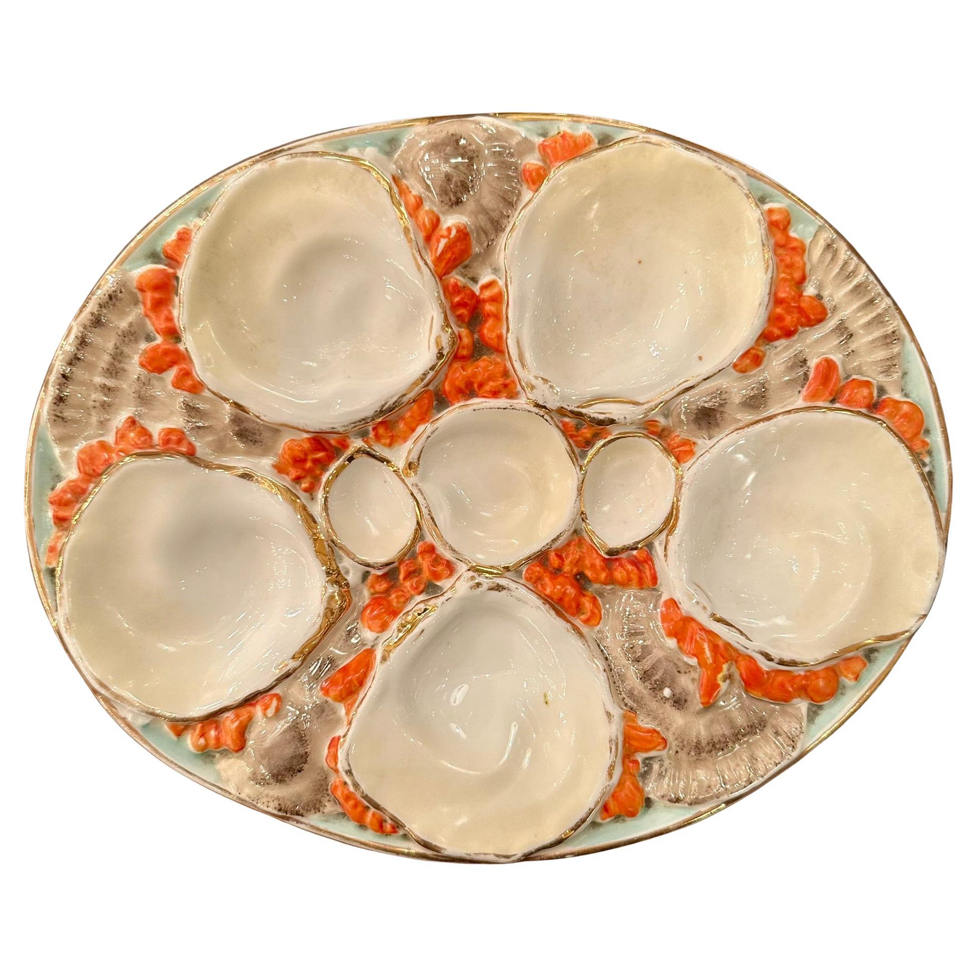 Antique German "Carl Tielsch" Porcelain Coral Pattern Oyster Plate, Circa 1880. For Sale