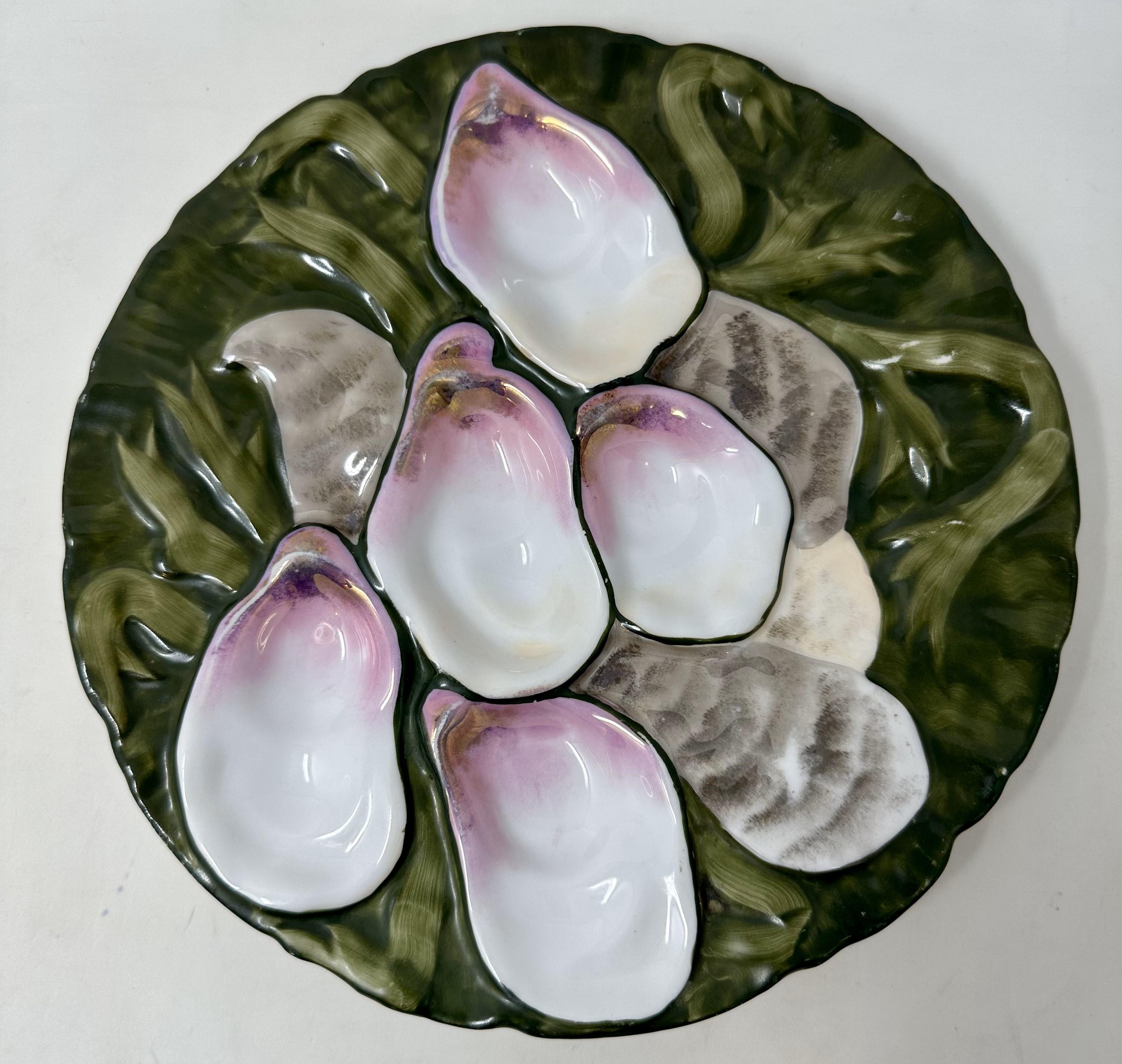 Antique German Porcelain Green & Pink Turkey Pattern Oyster Plate Signed 