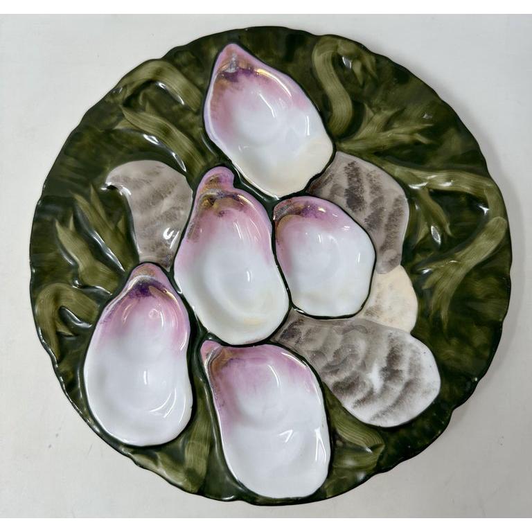 Antique German Porcelain Green & Pink Turkey Pattern Oyster Plate Signed 