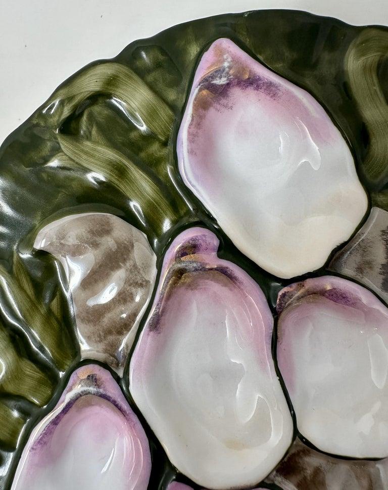 Antique German Carl Tielsch Porcelain Green & Pink Turkey Pattern Oyster Plate In Good Condition In New Orleans, LA