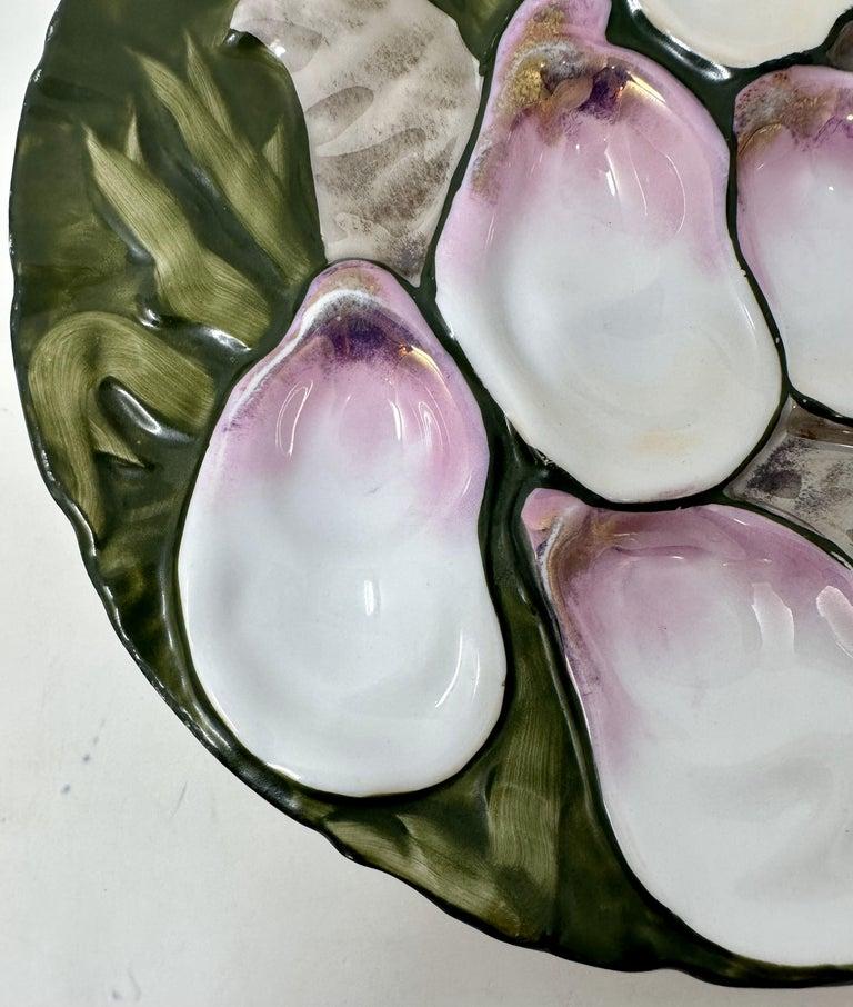 19th Century Antique German Carl Tielsch Porcelain Green & Pink Turkey Pattern Oyster Plate
