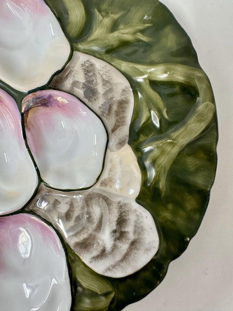 Antique German Carl Tielsch Porcelain Green & Pink Turkey Pattern Oyster Plate 1