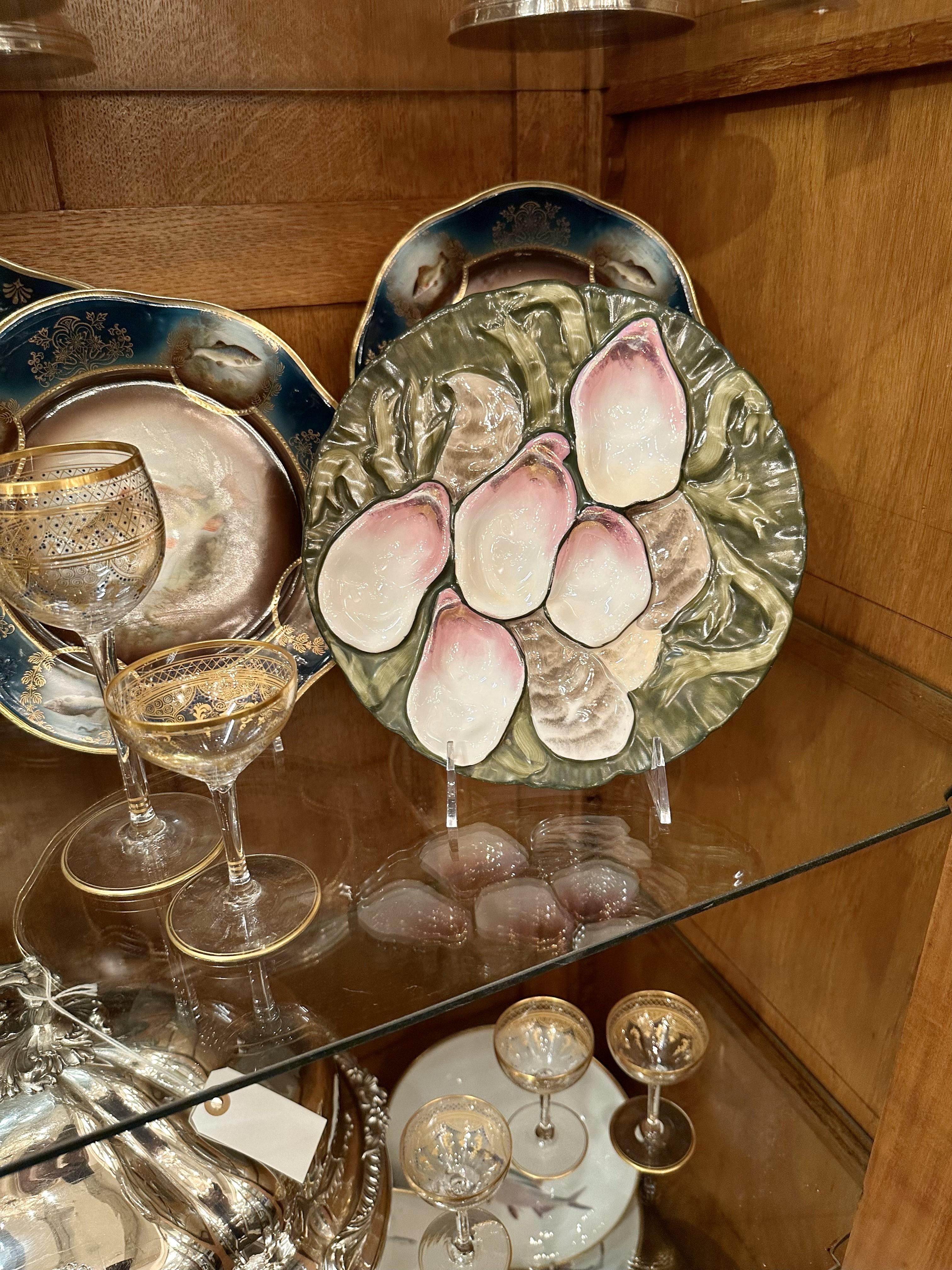 Antique German Carl Tielsch Porcelain Green & Pink Turkey Pattern Oyster Plate 1
