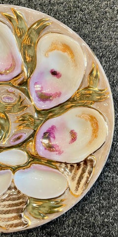 Antique German Carl Tielsch Porcelain Pink, Green & Gold Oyster Plate, Ca. 1890.