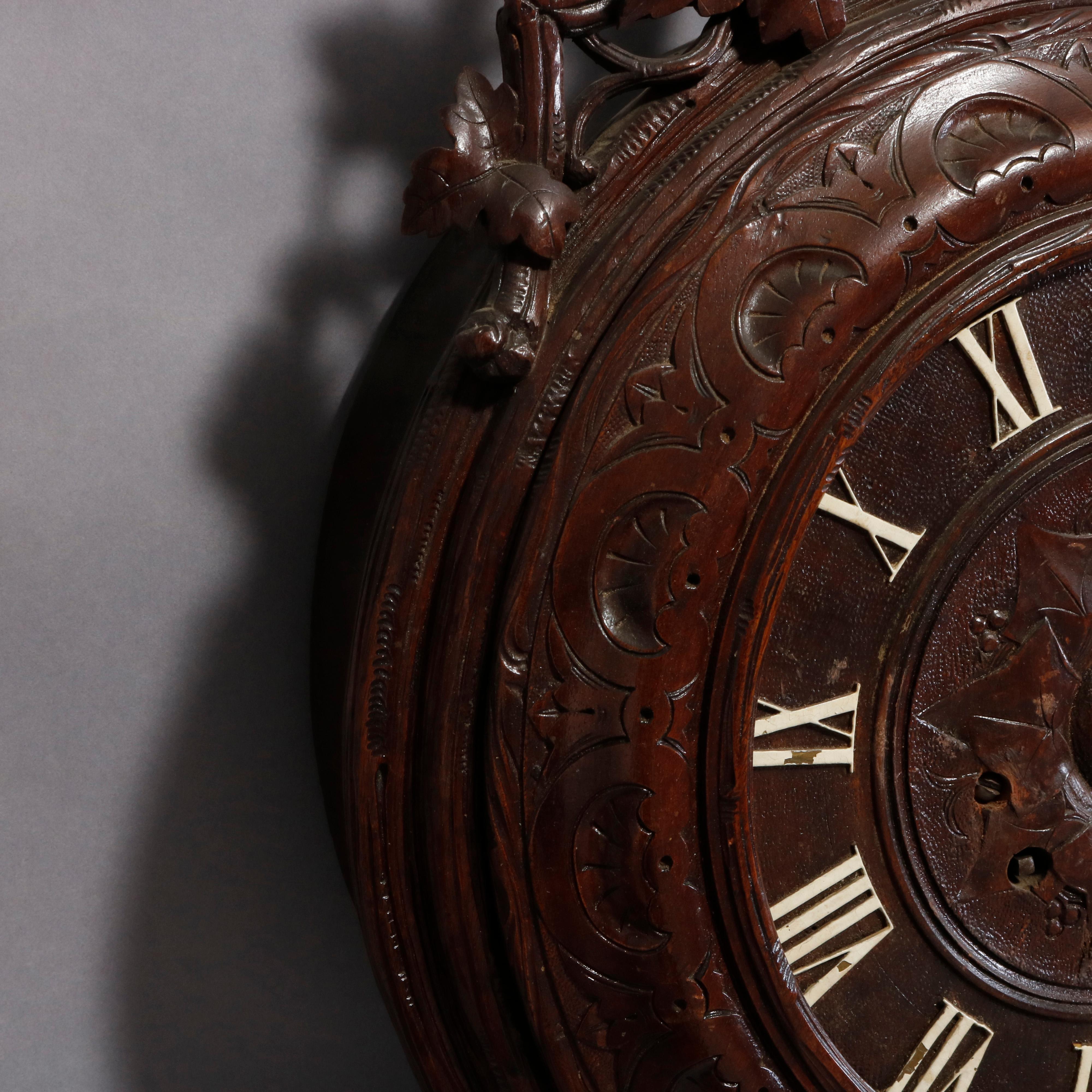 Antique German Carved Black Forest Grape and Vine Wall Clock, circa 1890 In Good Condition In Big Flats, NY
