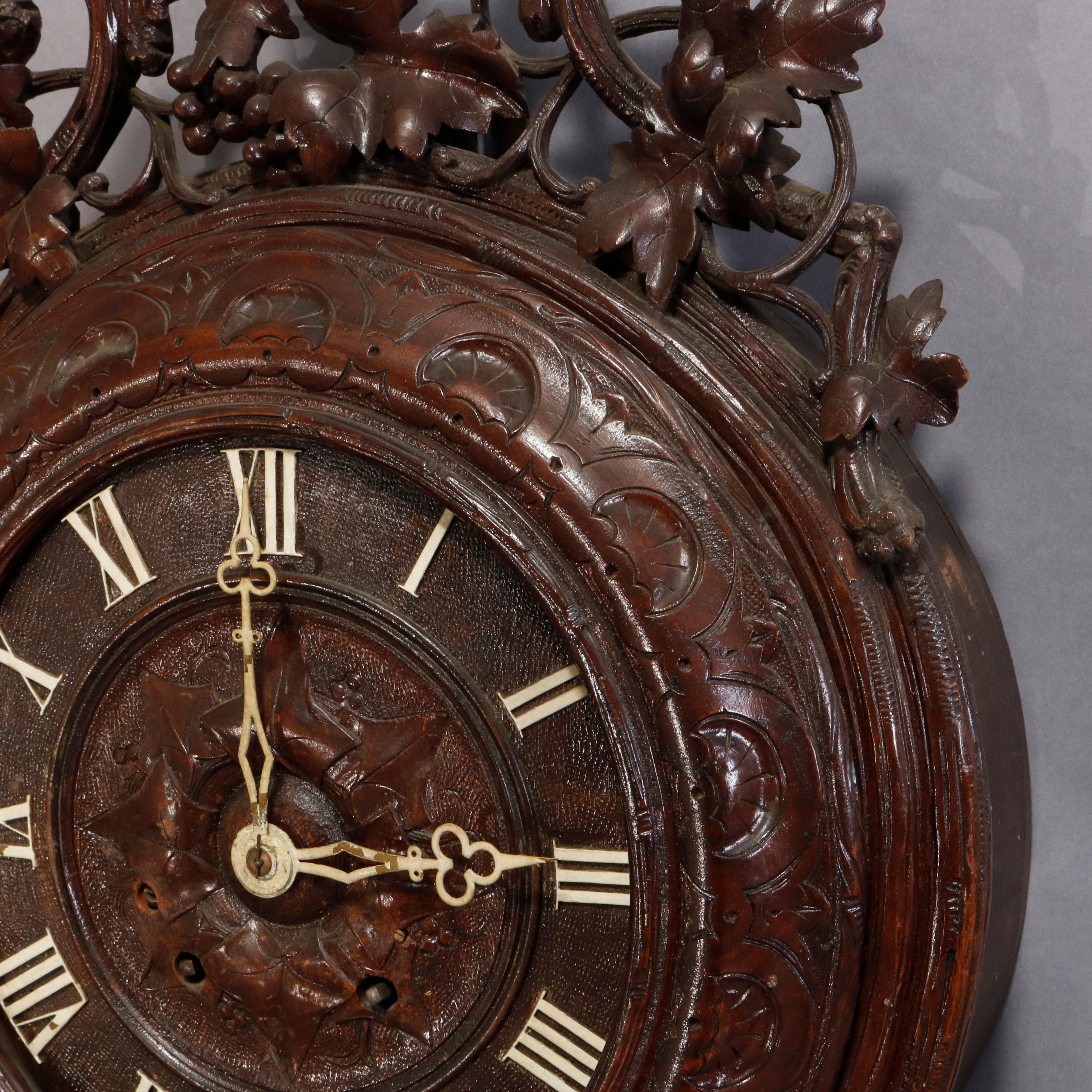 19th Century Antique German Carved Black Forest Grape and Vine Wall Clock, circa 1890