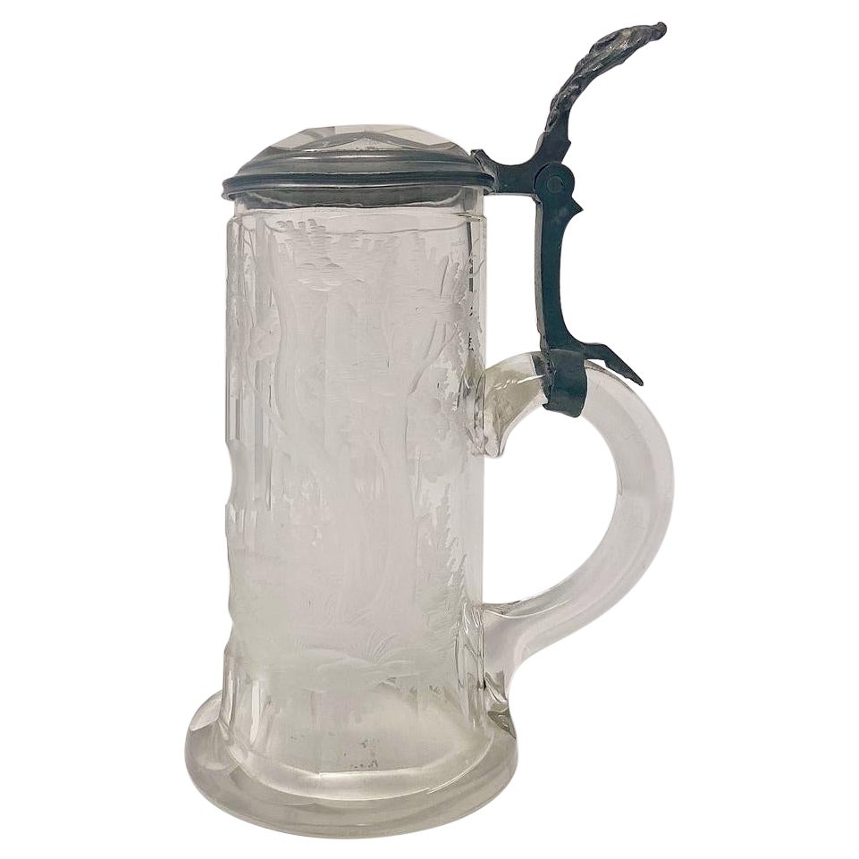 Antique German Carved Crystal & Pewter 1/2 Liter Stein, circa 1890's