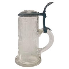 Antique German Carved Crystal & Pewter 1/2 Liter Stein, circa 1890's