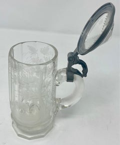 Antique German Carved Crystal & Pewter 1/3 Liter Stein, Circa 1890's
