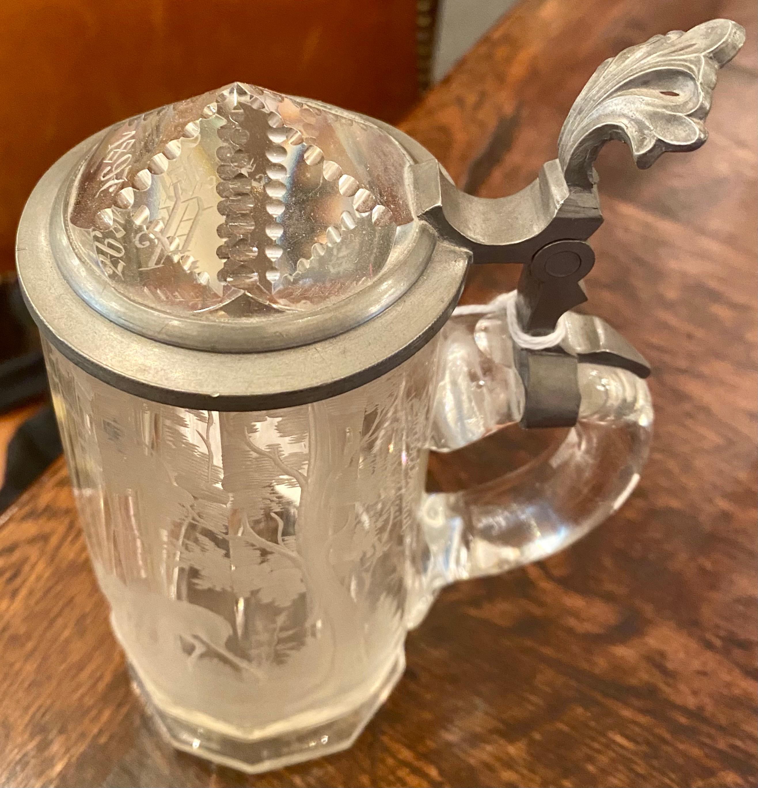 Antique German Carved Crystal & Pewter 1/3 Liter Stein, Circa 1890's 1