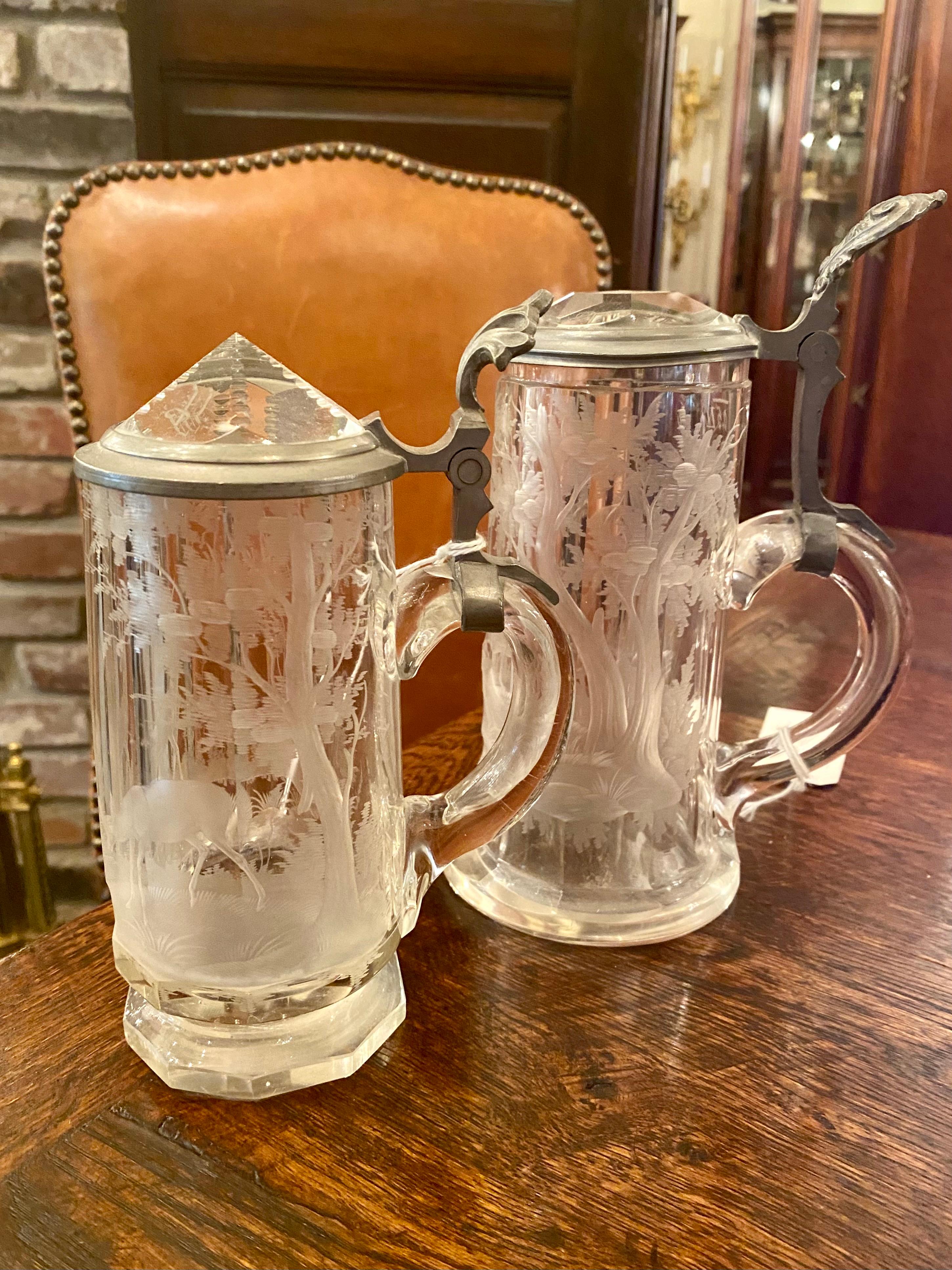 Antique German Carved Crystal & Pewter 1/3 Liter Stein, Circa 1890's 4