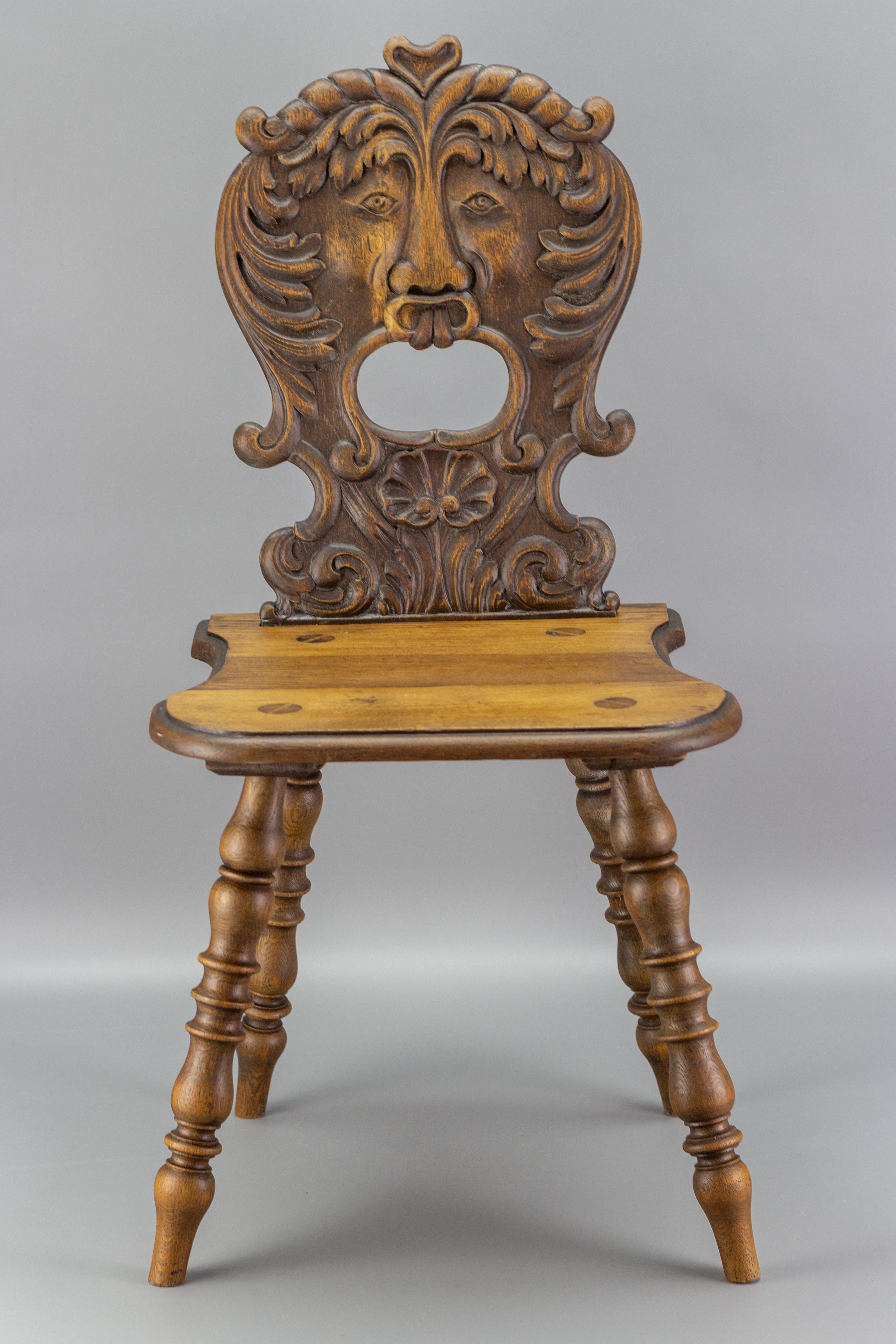 Antique German Carved Oakwood Peasant or Hall Chair, Late 19th Century 4