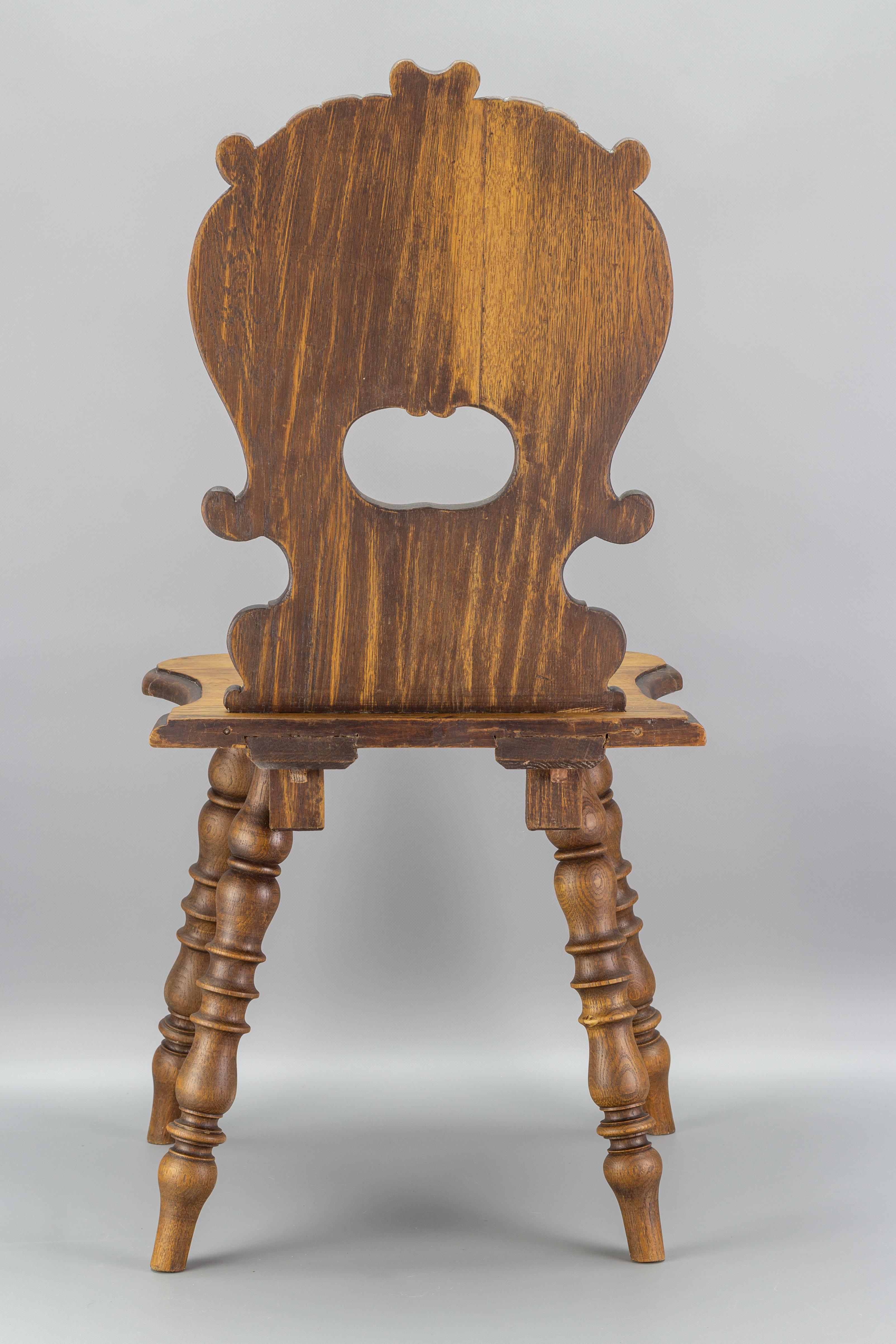 Folk Art Antique German Carved Oakwood Peasant or Hall Chair, Late 19th Century